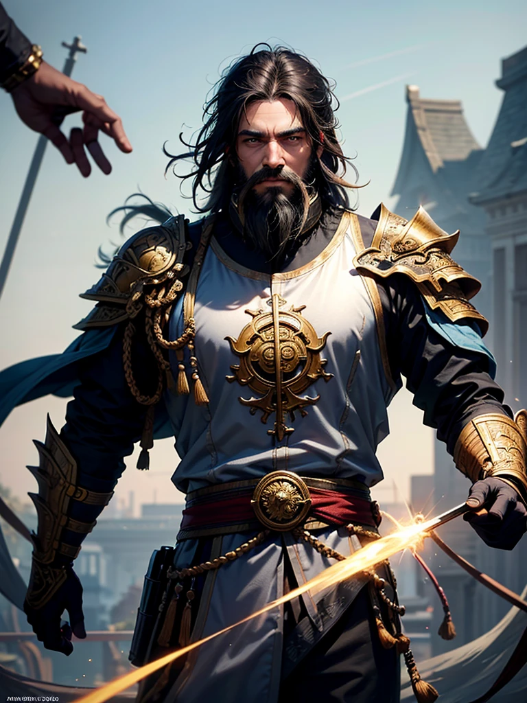 very detailed、top quality、highest resolution、masterpiece、sharp focus、bust、Focus from your chest、movie lights、1 Middle-aged man、men、focus on face、black beard、Wear Chinese-style armor with complex patterns、General's Armor、full armor、cage hand、disheveled hair、There was blood on my face.、Blood on the armor、open one's eyes wide、dynamic action、detailed facial description、detailed hand description、watching the viewers、Fighting against the enemy、The background is a grassland battlefield..、white sand smoke、swing your sword、surrounded by enemy forces、battle stance、fight between friends and enemies