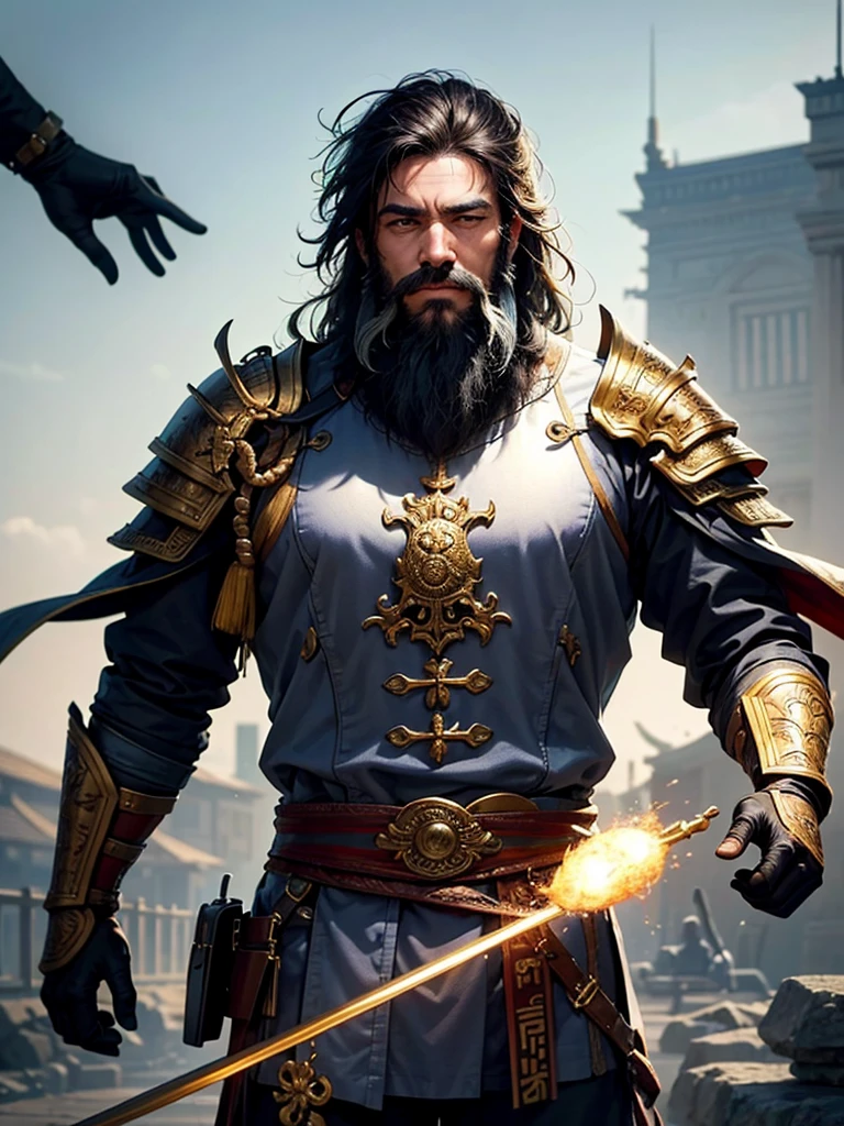very detailed、top quality、highest resolution、masterpiece、sharp focus、bust、Focus from your chest、movie lights、1 Middle-aged man、men、focus on face、black beard、Wear Chinese-style armor with complex patterns、General's Armor、full armor、cage hand、disheveled hair、There was blood on my face.、Blood on the armor、open one's eyes wide、dynamic action、detailed facial description、detailed hand description、watching the viewers、Fighting against the enemy、The background is a grassland battlefield..、white sand smoke、swing your sword、surrounded by enemy forces、battle stance、fight between friends and enemies