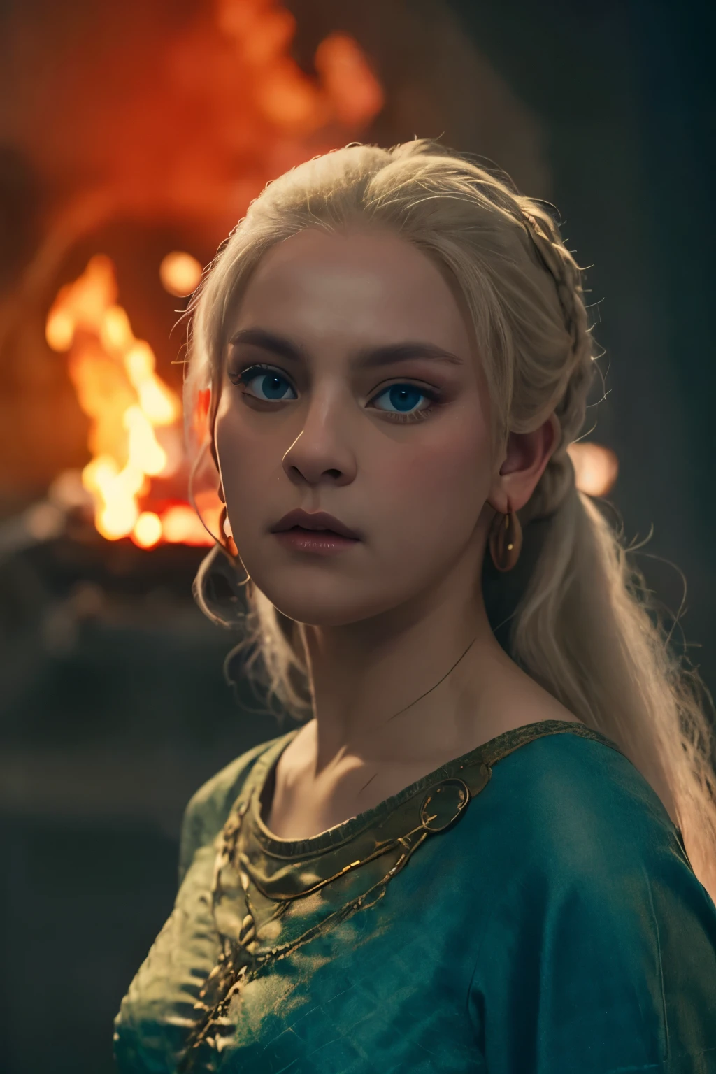 (((Cinematic epic poster))) of Helaena Targaryen , Gothic style, (((detailed face))), (a detailed RAW photo of a ), (master part:1.0), (best quality:1.4), (Ultra Highres:1.2), (photorealistic:1.4), 8K resolution, Canon EOS R5, 50 millimeters, Absurd, Ultra Detailed, sharp focus, Cinematic lighting, detailed face, (ULZZANG-6500-V1.1), detailed skin texture, pale skin, chest round, (pale :0.5), Cinematic lighting. (((Abstract vision of flame background, cinematic lighting )))