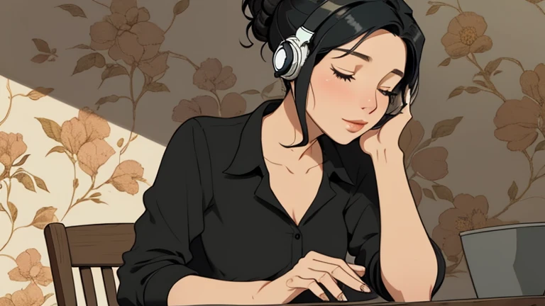 Beautiful woman in her 30s with black hair up is sitting with headphones on the cafe terrace. Looking down, eyes closed, LOFI girl, alone in the room, blouse, cozy wallpaper, relaxing mood, cozy, only five fingers, Resorts,