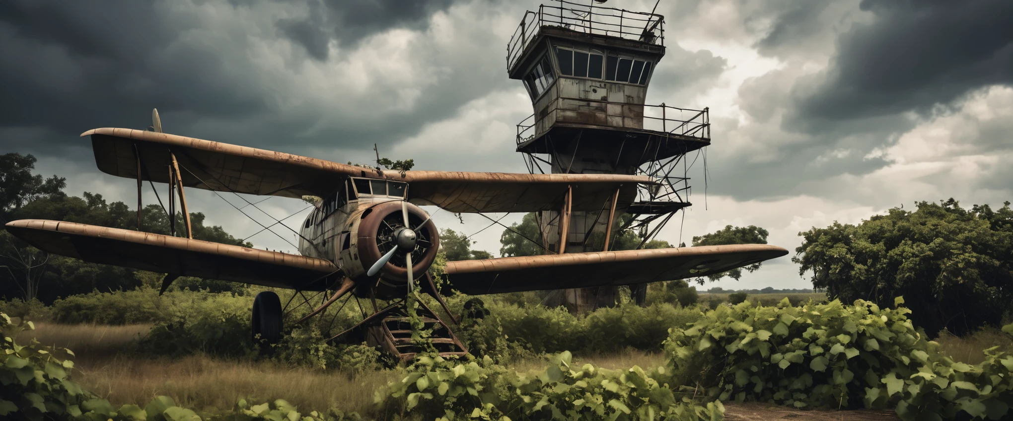 A weathered old control tower, overgrown with vines, a rusted vintage BI Plane stearman parked on the runway, a gnarled dead tree standing in the foreground, dramatic cloudy dark sky, cinematic lighting, muted earthy tones, high detail, photorealistic