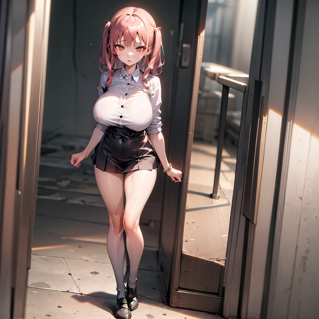 ((tmasterpiece,Need)),(1girl),((A MILF)),Light pink hair,big-areola,horn,((school girl)),By bangs,middlebreast,(plumw),slim,ssmile,[Wide hips],office,standing, aru \(blue archive\),