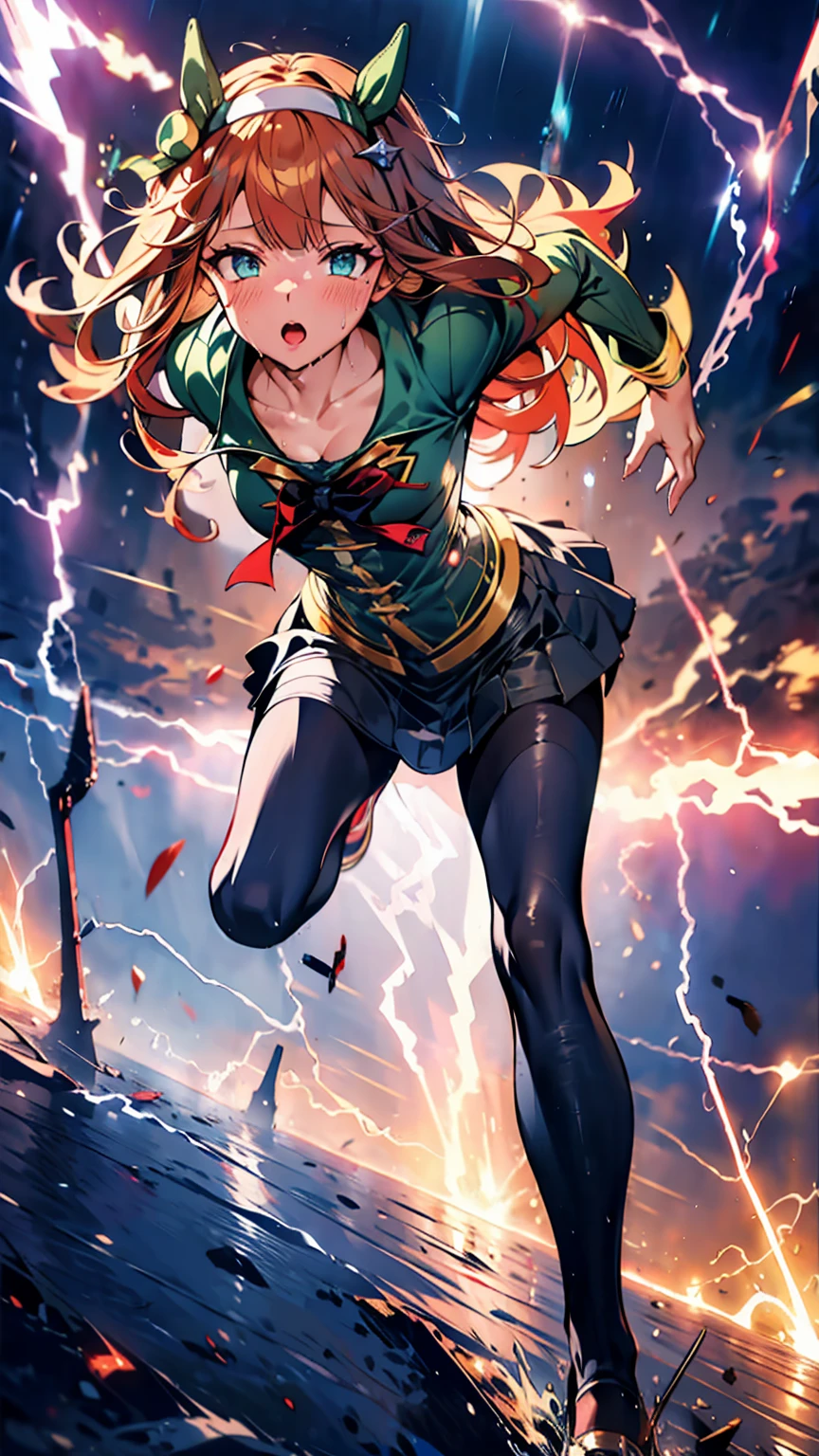 Best image quality、High resolution、masterpiece、super high quality、Arena、Run、颯爽とRun、Sweaty、Very short pleated skirt、Heavy breathing、Blushing、4K quality、Black Pantyhose、shout、Explosive、Burst speed、Sonic、light speed、Open your mouth wide、もの凄い勢いでRun、A big storm is brewing