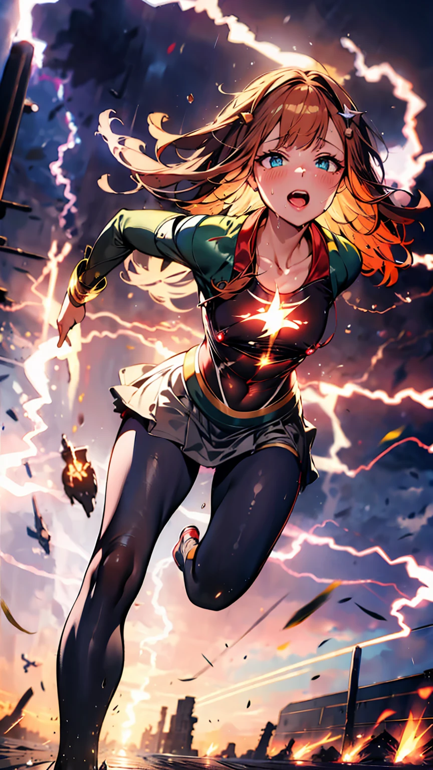 Best image quality、High resolution、masterpiece、super high quality、Arena、Run、颯爽とRun、Sweaty、Very short pleated skirt、Heavy breathing、Blushing、4K quality、Black Pantyhose、shout、Explosive、Burst speed、Sonic、light speed、Open your mouth wide、もの凄い勢いでRun、A big storm is brewing