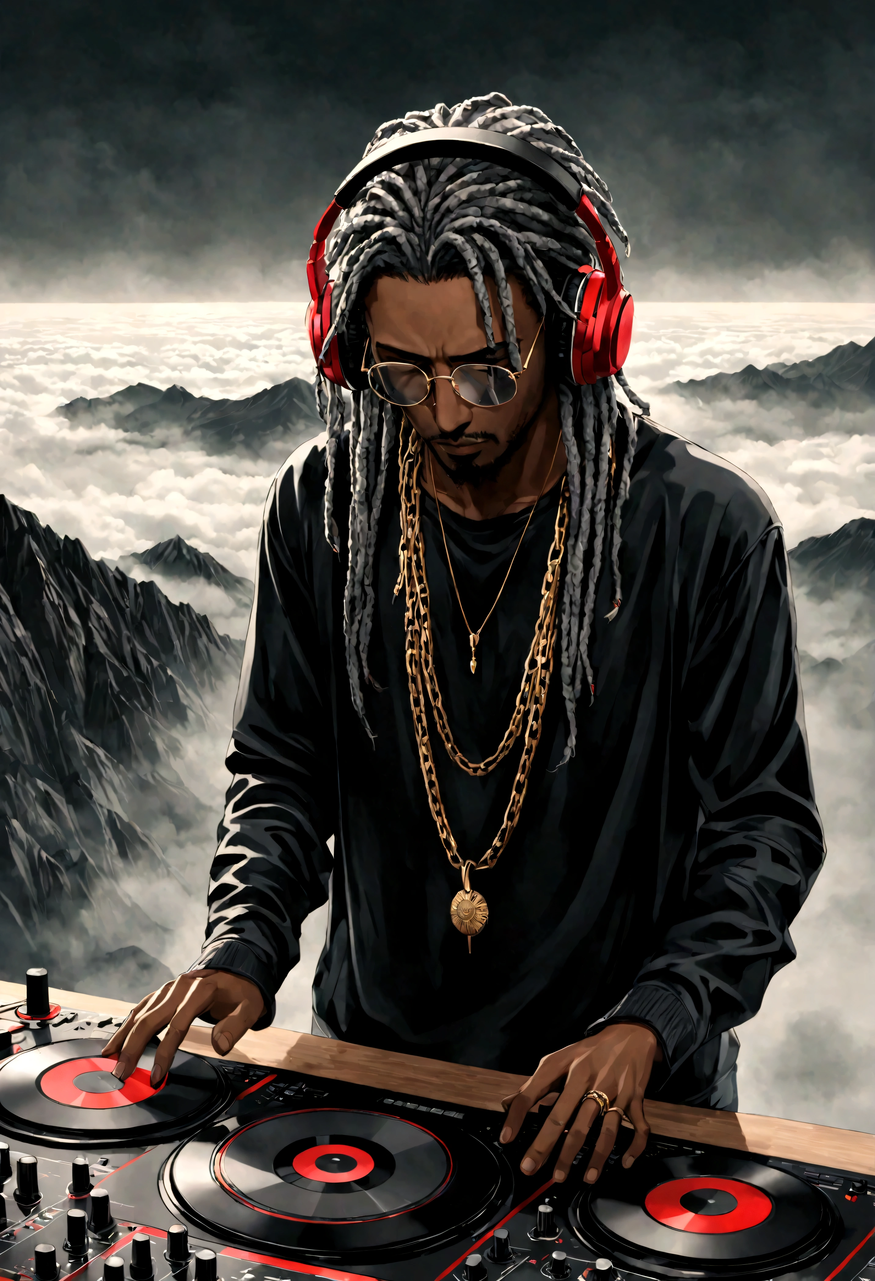 A stoic Greek man made of gray stone with one hand adjusting the headphones and the other on the soundboard.. A toned body with DJ, a thick fog all around, a red beam in the sky illuminates the fog. In the background there are black mystical mountains, bright colors, high contrast of tones, dark atmosphere, seen from above. The figure must be in a dynamic pose, with one hand adjusting the headphones and the other on the soundboard🎚️. The sculpture must have the following characteristics: Headphones, Large and modern, detailed carved in marble. Gold Chain: A robust and well-detailed chain hanging from the neck.Transparent Glasses: Glasses with a translucent appearance, sculpted to look like glass.Rasta Hair: Dreadlocks falling forward, partially covering the face, but without hiding important details.4k image 8k beautiful and very detailed high quality full shot
