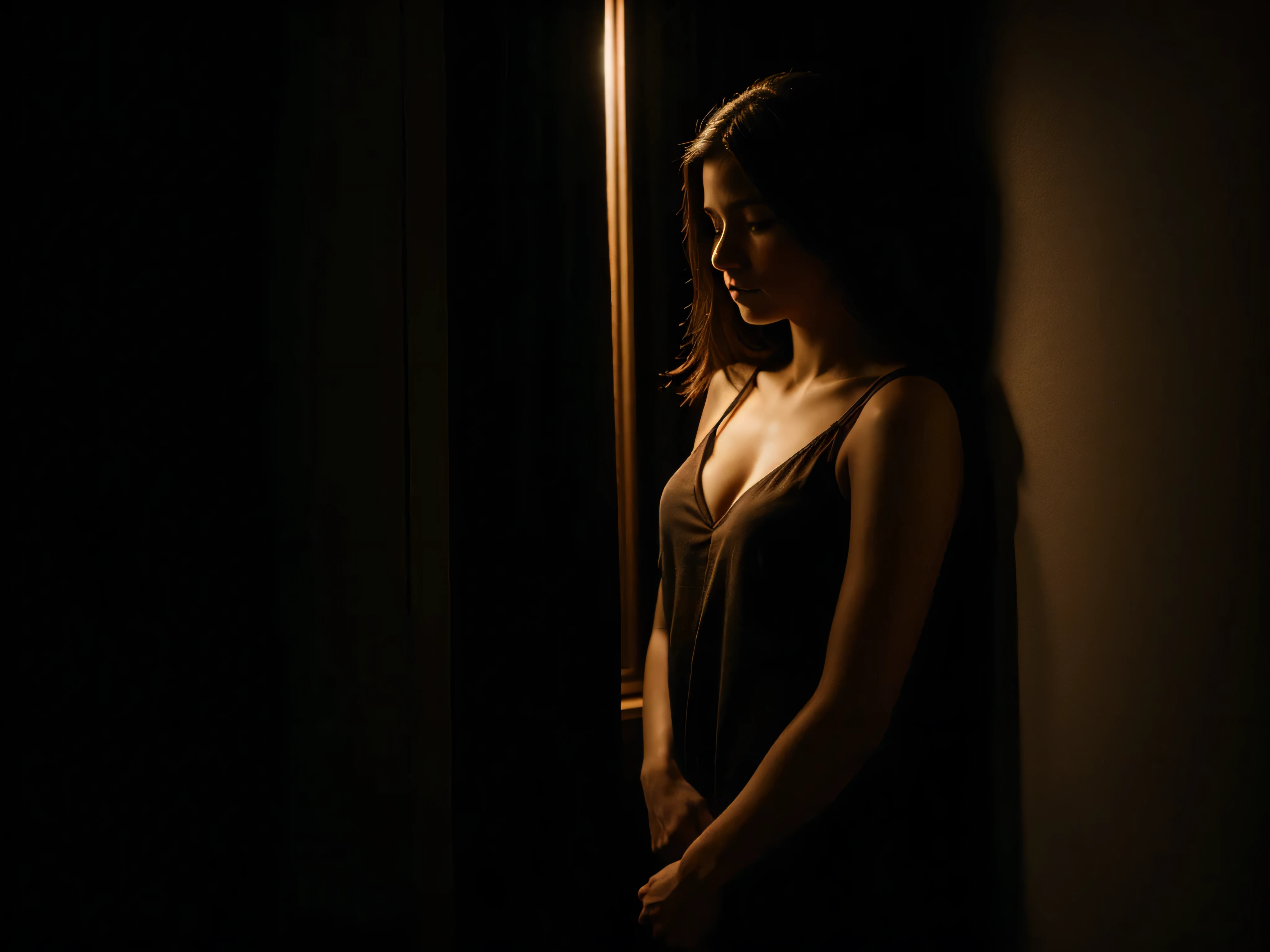 A woman with a hot figure, Long black hair covers the face, Full breasts, Wear a white transparent tunic, darkened room,Climb out of the flashing TV on the screen,