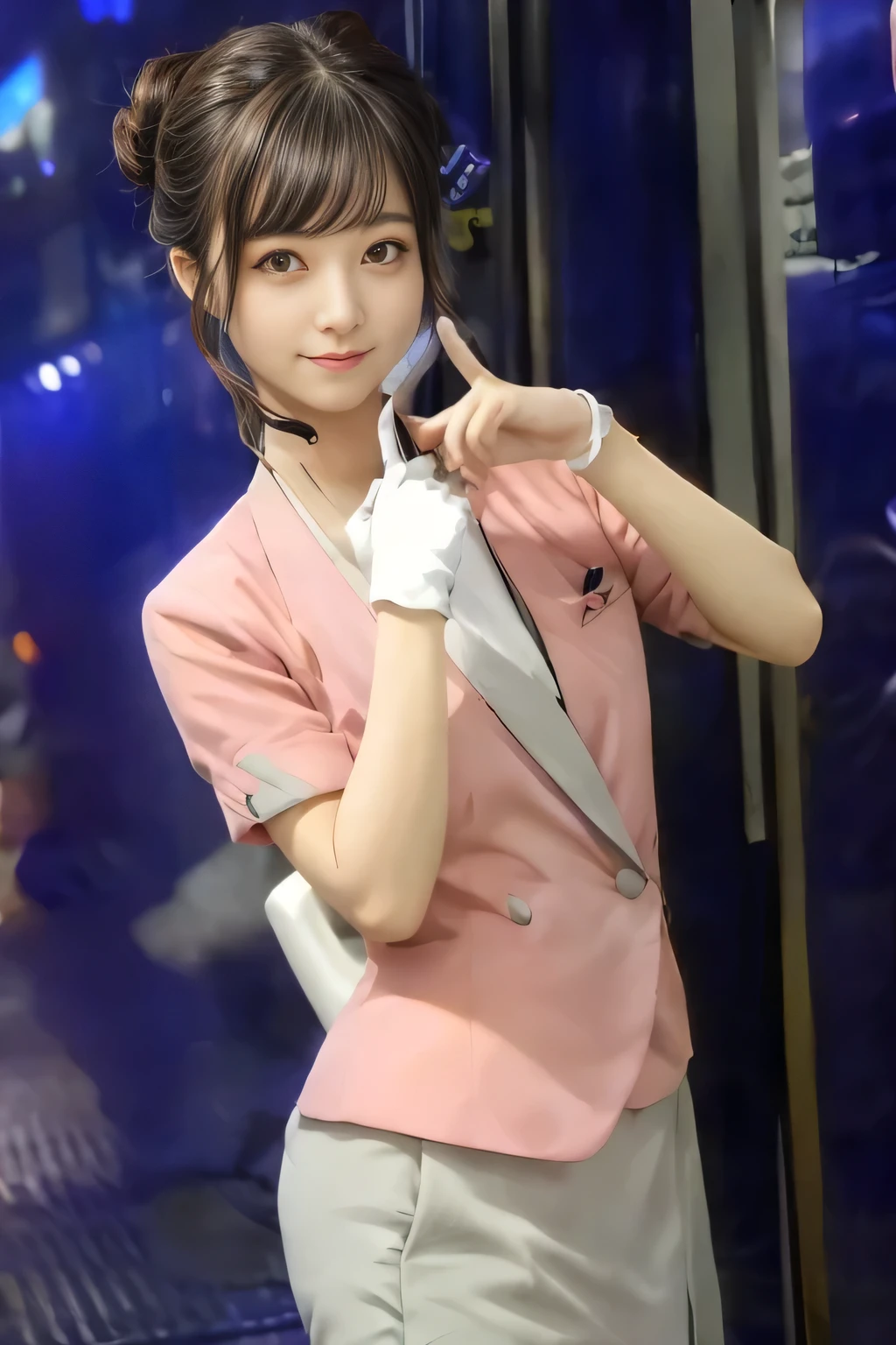 (masterpiece:1.2, highest quality:1.2), 32K HDR, High resolution, (alone、1 girl)、（On the rooftop of a building in the daytime、Professional Lighting）、Building rooftop background、（Nankai train crew uniform pinkを着たリアルスタイル）、（Nankai train crew uniform pink short sleeve collarless pink jacket、Nankai Train Crew Uniform Pink Collarless Short Sleeve Blouse、Nankai Train Crew Uniform Pink Grey Knee-length Culottes）、（（The bottom of the pink short-sleeved jacket cannot be tucked into the clay-colored culottes.））、Dark brown hair、（Hair tied up、Hair Bun、Hair Bun）、Dark brown hair、Long Shot、Big Breasts、Thin legs、（（Great hands：2.0）），（（Harmonious body proportions：1.5）），（（Normal limbs：2.0）），（（Normal finger：2.0）），（（Delicate eyes：2.0）），（（Normal eyes：2.0））)、（Nankai Train Crew Uniform Pink Grey Knee-length Culottesを見せた美しい立ち姿）、smile