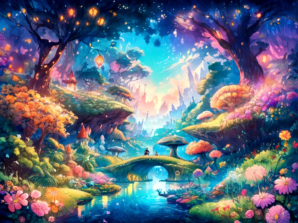 Floral scent ，Colorful flowers ，background are the flowers，Surrounded by flowers，Seamless design，The Jungle Book, Neon, Practical, glow，Comic Style, Paint with bright watercolors ,Extremely detailed, Very detailed, masterpiece, fairy tale background, wonderland, Dynamic Color, Fairytale glow,