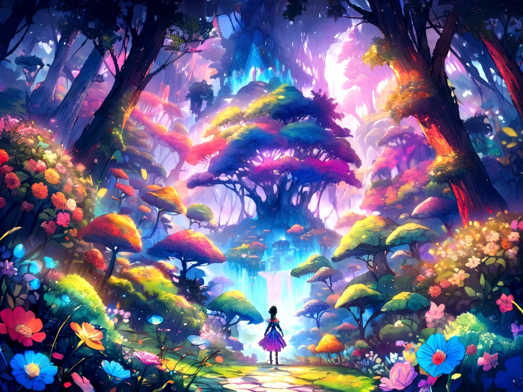 Floral scent ,Colorful flowers ,background are the flowers,Surrounded by flowers,Seamless design,The Jungle Book, Neon, Practical, glow,Comic Style, Paint with bright watercolors ,Extremely detailed, Very detailed, masterpiece, fairy tale background, wonderland, Dynamic Color, Fairytale glow,