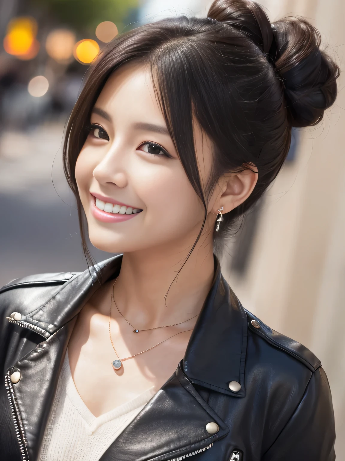 Ultra-high resolution, Superior Quality, highest quality, Very detailed, Realistic, 8k, RAW Photos, highest quality, masterpiece, Attractive girl, Awesome girl, Black Hair、Hairstyle bun、 Japanese Idols, Sophisticated, stylish, leather jacket、shirt、smile、Beautiful teeth alignment、Ear piercing、Necklace around the neck、
