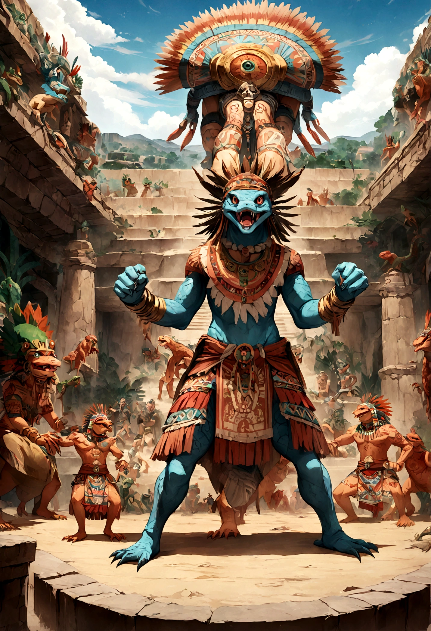 (((Lizard God))) best quality, very high resolution, 4K detailed CG, master piece, Aztec mythology, Salamander God, Xolotl, Mexico, Aztec clothing, Aztec city, ((standing pose)), aesthetic, Beautiful image, centered on screen, fighting pose