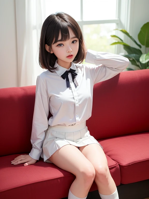 (masterpiece、highest quality:1.7)、13 years old、(Full body shot:1.5)、Bobcut、Black Hair、85mm、16K、Official Art、RAW Photos、Best Beautiful Faces、Close-up、Violet、Gardenia、The best beautiful girl、very cute、Red blush on cheeks、indoor、(Sit on the couch:1.8)、Film Grain、Chromatic Aberration、Sharp Focus、(((Nice hands、Perfect hands、Perfect Fingers、A perfect body without flaws)))、Detailed face、(Slender body:1.5)、(Slender body:1.2)、(Small breasts:1.9)、(Let your bangs hang down:1.8)、(Blushing:1.8)、(Low contrast lighting:1.2)、(White tight business blouse with collar:1.5)、(White bow tie blouse:1.3)、(Long sleeve: 1.3)、(White pleated mini skirt:1.5)、(White School Socks:1.5)、(Mouth wide open:1.5)、(Eyes closed:1.5),(Hold your arms over your chest:1.5)