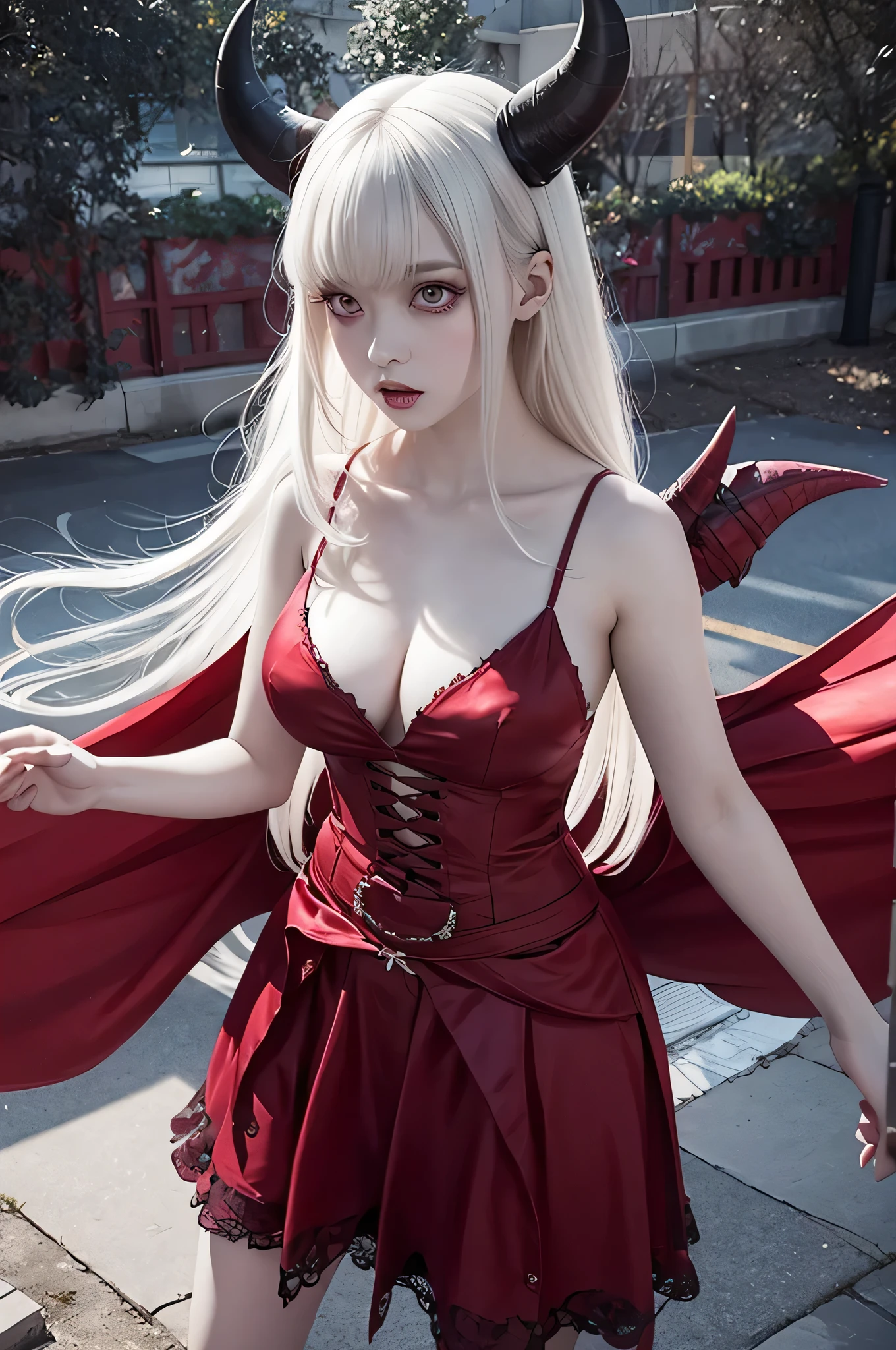 inspired horror illustration, albino demon princess,(long intricate horns:1.2), the woman's pale face contrasting sharply with her long jet-black hair, that hangs over her shoulders. She wears a form-fitting red and black dress, A macabre mass of blood and flesh falls at the woman's feet, Her eyes wide with a mixture of fear and determination, she has a bewitching presence as she moves through the surreal landscape with an eerie calm. ,bj_Devil_angel,Anime style,sinozick style