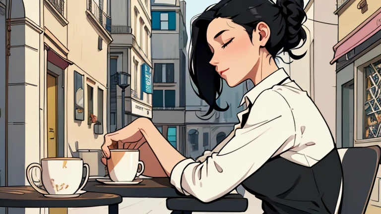 Beautiful woman in her 30s with black hair up is sitting with headphones on the cafe terrace. Looking down, eyes closed, LOFI girl, alone in the room, blouse, cozy wallpaper, relaxing mood, cozy, only five fingers, Paris cityscape,