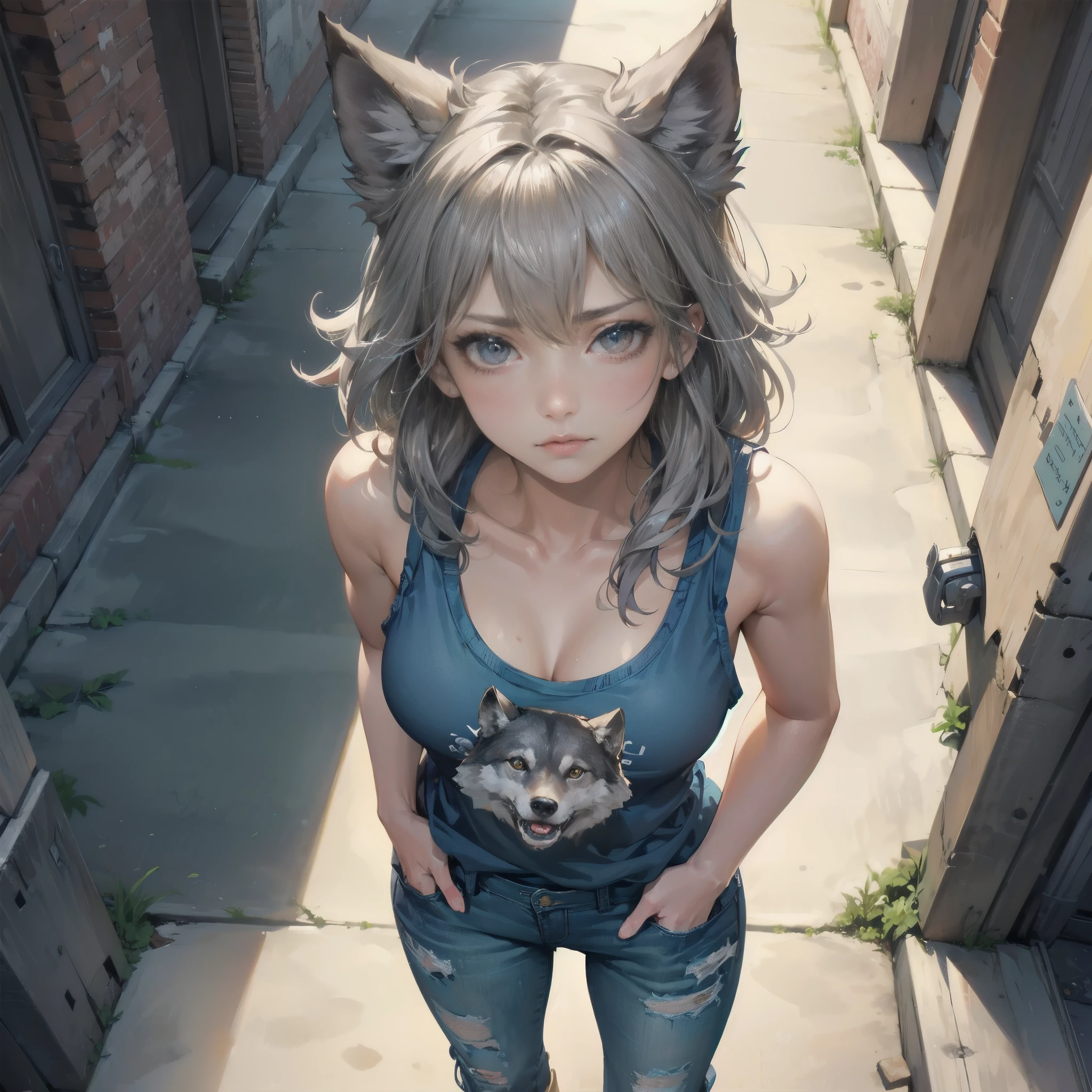 A fantasy Wasteland battles hand-in-hand through a wasteland full of pitfalls. The camera zooms in on the girl, capturing her determination. The cool girl, with wolf ears,wolf tail,  wears thin leather armor and dark cloak. As the zoom progresses, the focus shifts to her hands, highlighting the worn and weathered textures that symbolize her journey and the hardships she has endured. This message is realized in a mixed-media sculptural style, combining elements of metalwork and textile art to represent the characters and their resilience in three-dimensional form.