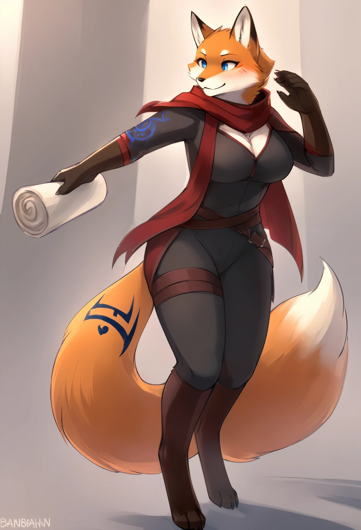 top quality, best quality, by bahnbahn, High-quality illustrations, masterpiece)(kemono, furry anthro), round, Elder Scroll Online, 1 female, werefox, fur, fluffy, big breasts, wide hips, tail, perfect eyes, blue eyes, fox tattoos, fox marks, Dark Brotherhood assassin clothes, body movement,