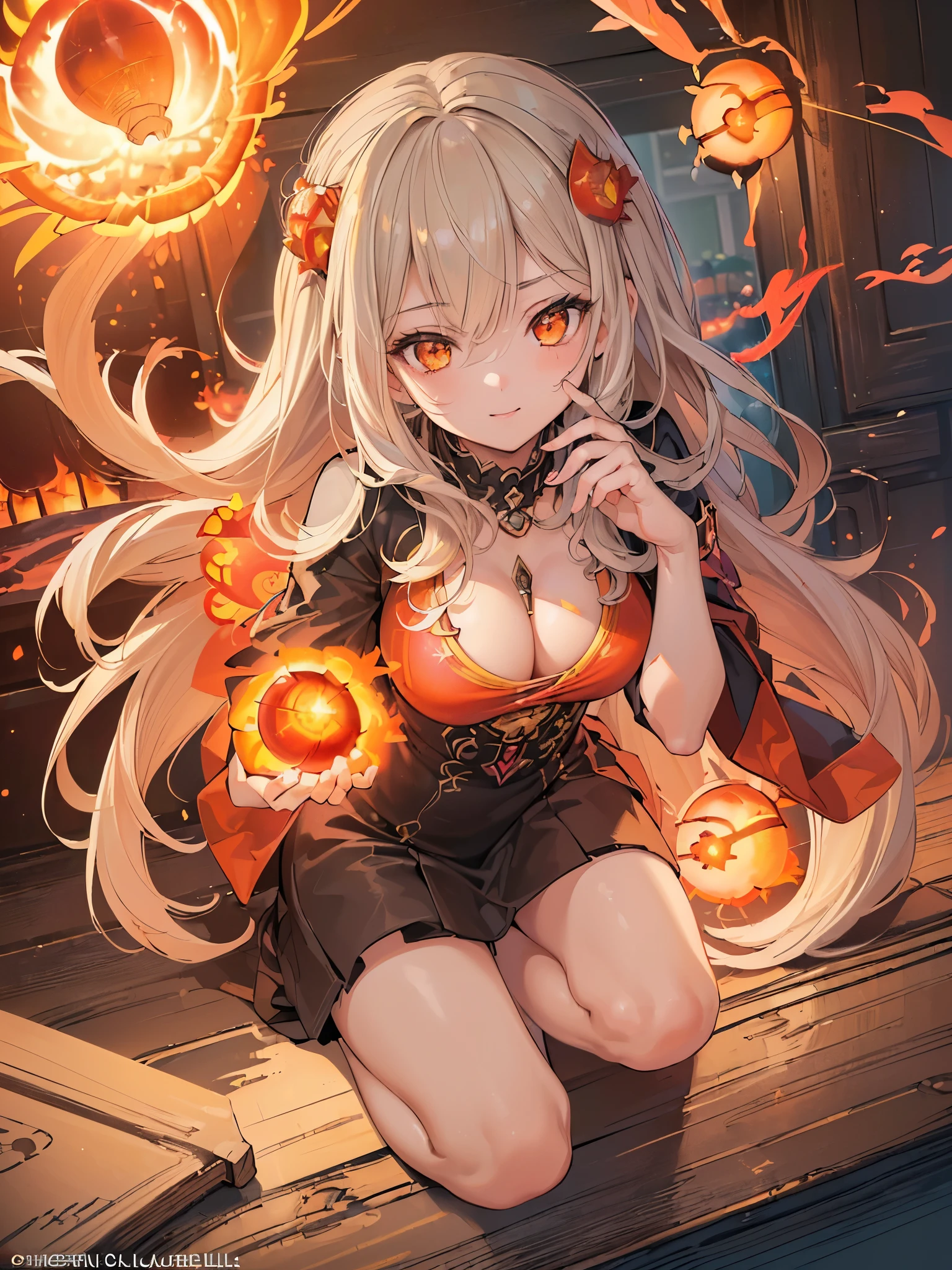((highest quality)),(Ultra-high resolution),(Very detailed),(Detailed Description),((The best CG)),(A masterpiece),Ultra-detailed art,Amazing drawing art,(Art with precise details:1.5), (1 adult female:1.6),(Beautiful and well-proportioned face:1.5),A confident smile:1.6, ((Playing with fireballs:1.6))