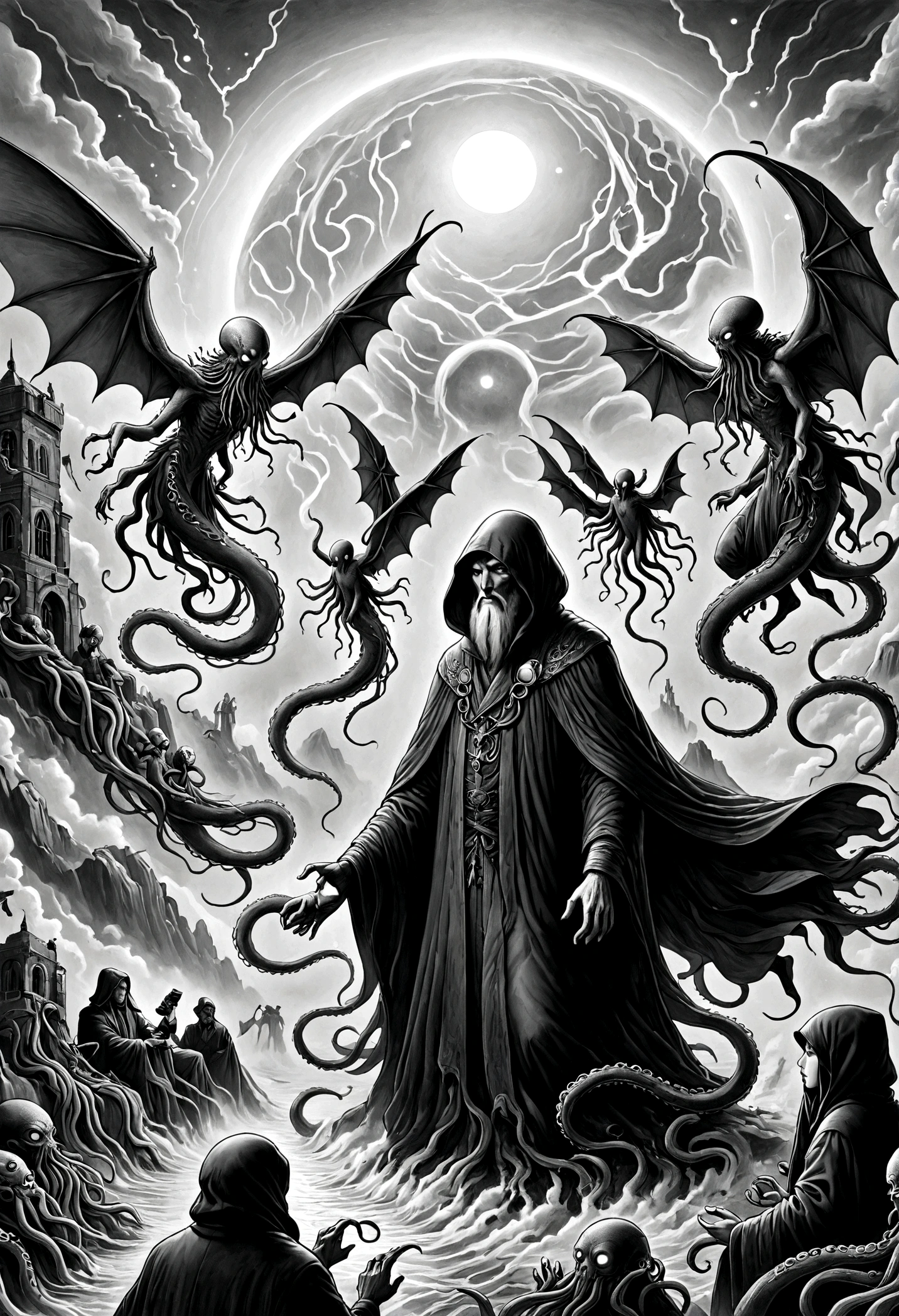 Weird creatures、Cthulhu Mythos,Extraterrestrial God,ancient,Call of Cthulhu,Space Terrorism,Long tentacles,wing,Holy and demonic figures,cloak,Compared,relativity,Quantum mechanics,abyss,The presence of terror,crazy,Bizarre,,