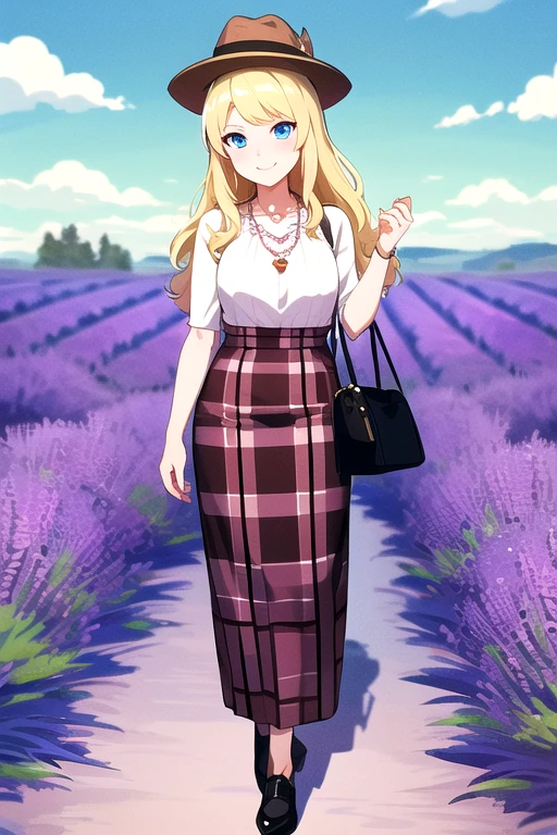 ((highest quality)), ((masterpiece)), (detailed), Perfect Face, anime, Ultra-fine illustration, ((1 person)), Cute girl, smile, (Lavender Fields:1.2), summer, ((Cute checked long skirt)), White blouse, Cute hat, necklace, Handbags, Blonde Long Hair, Blue Eyes, Full Body Shot,