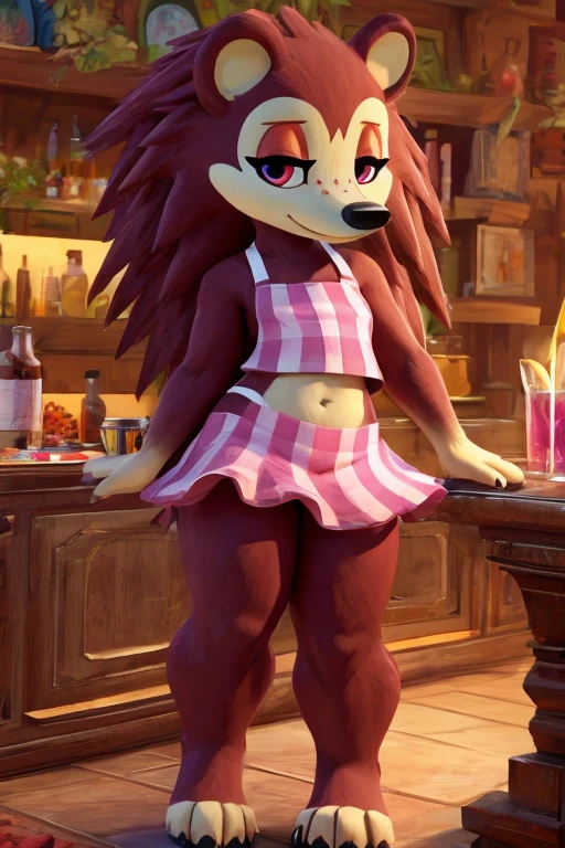 a digital artwork of a barefoot sable wearing a crop top of her pink apron with a bare midriff and a bare navel, trending on artstation, 4k, anthro style, furry, she is also wearing a pink tutu