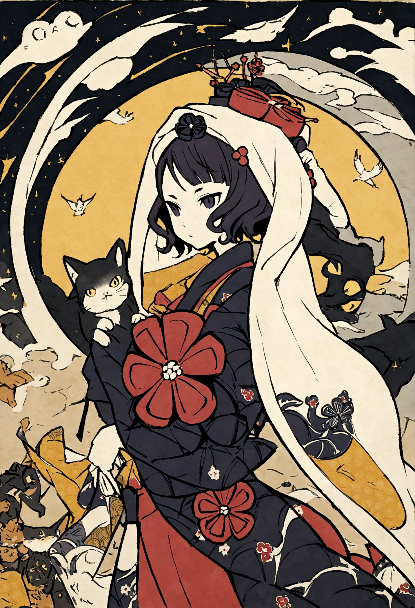 Anthropomorphic cat, dancing with towel over head, Katsushika Hokusai, Utagawa Kuniyoshi, Birds and beasts caricature, delicate and detailed, Ukiyoe style, girl