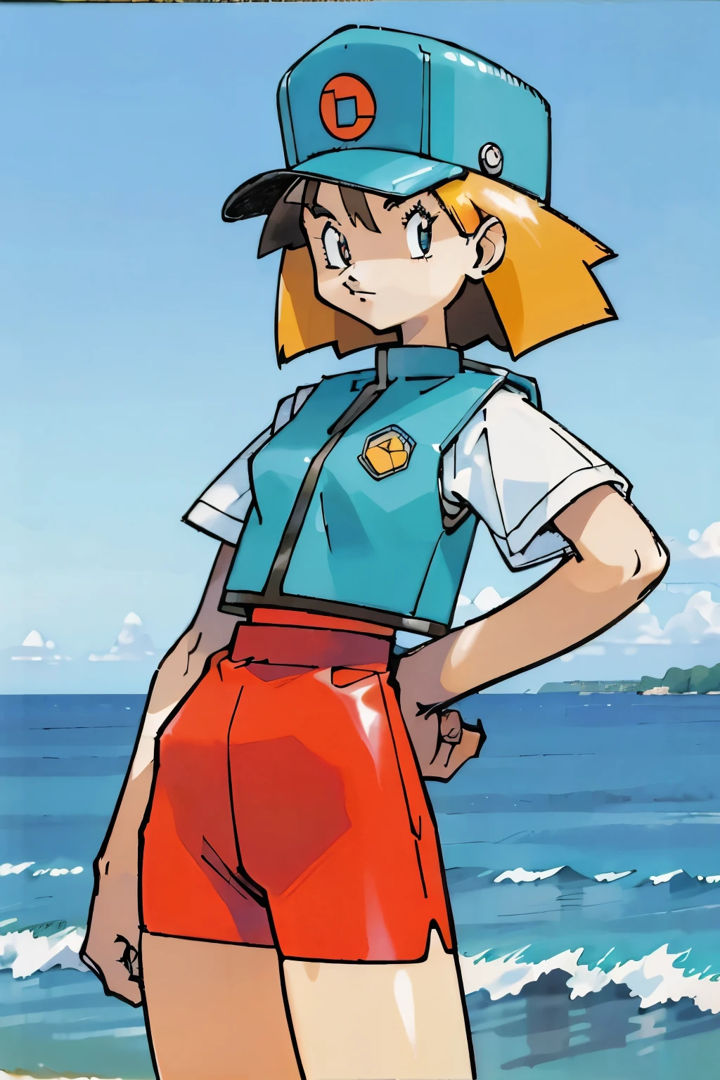 by Ken Sugimori, sugimori 1990s, ((only 1woman)), vest, hat, background ocean, ((hands behind their back)), full black pupils, manga, best quality, highly detailed, clean lines, cowboy shot, good hands, good eyes, hd, 8k, professional, symmetrical, hires, 8k,