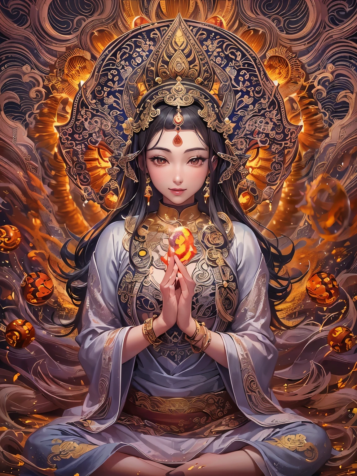 ((highest quality)),(Ultra-high resolution),(Very detailed),(Detailed Description),((The best CG)),(A masterpiece),Ultra-detailed art,Amazing drawing art,(Art with precise details:1.5), (1 adult female:1.6),(Beautiful and well-proportioned face:1.5),A confident smile:1.6, ((Playing with fireballs:1.6))
