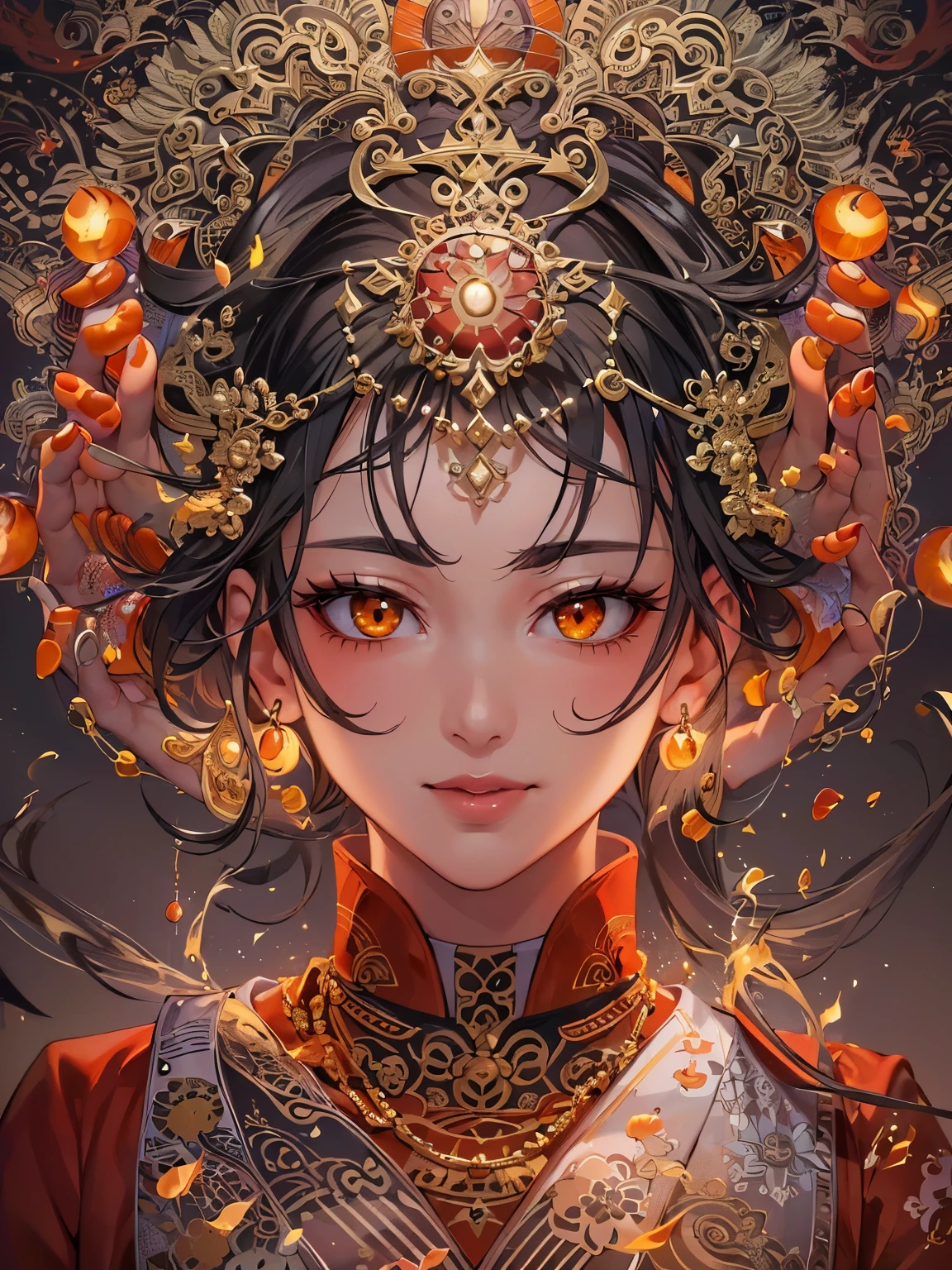 ((highest quality)),(Ultra-high resolution),(Very detailed),(Detailed Description),((The best CG)),(A masterpiece),Ultra-detailed art,Amazing drawing art,(Art with precise details:1.5), (1 adult female:1.6),(Beautiful and well-proportioned face:1.5),A confident smile:1.6, ((Playing with fireballs:1.6))