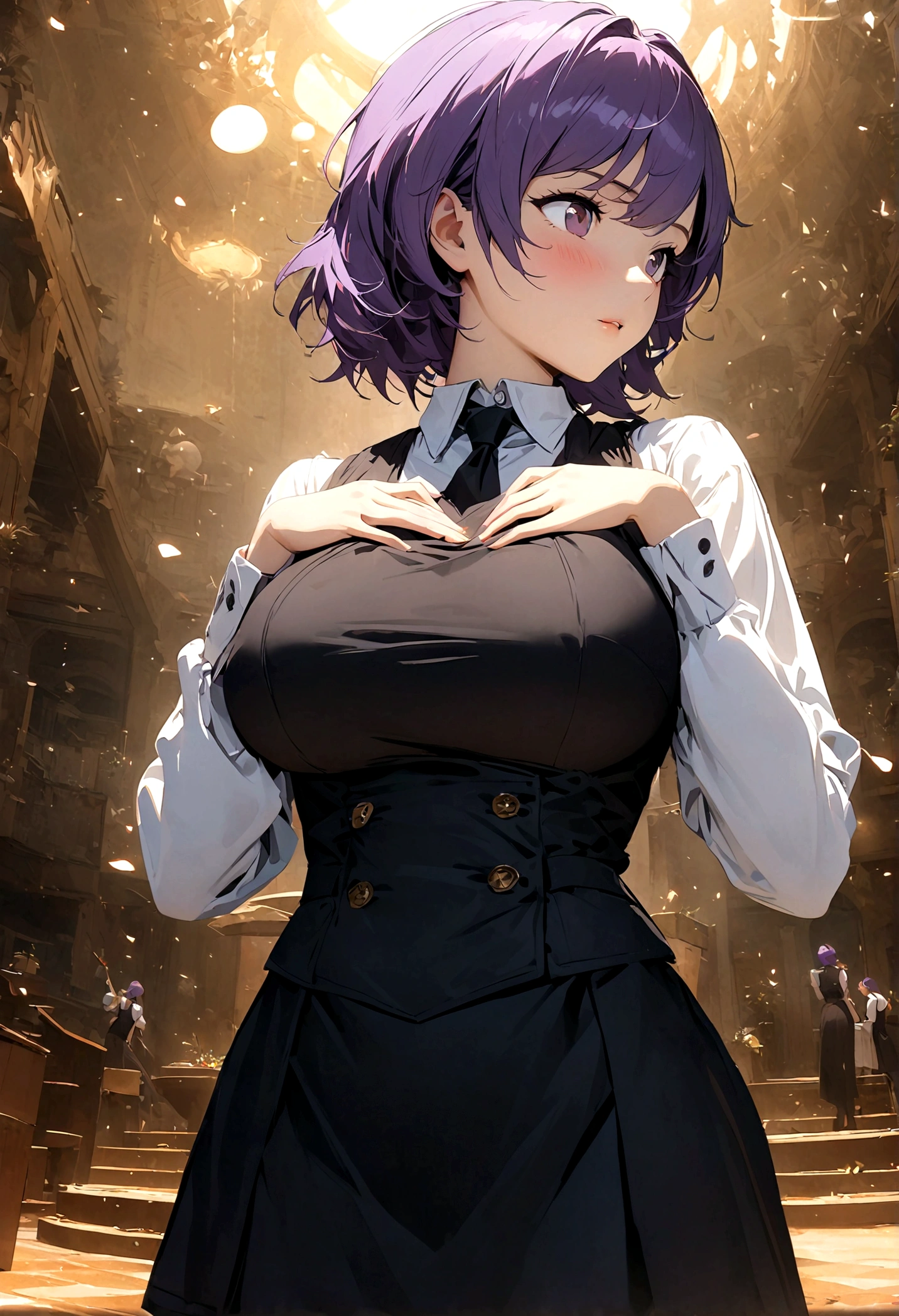 1 Girl, Solitary, Bangs, blush, Place your hands on your chest, Jill Stingley, Long sleeve, looking at the audience, Purple Hair, Superior breasts, Peach buttocks，Black Silk，tie, shirt, Crouching on the ground alone, Vest, Bartender, Vest, white shirt,8K,極為細緻的CG單元wallpaper, masterpiece,High resolution,top-quality,top-quality real texture skin,Surrealism,Improve resolution,RAW photos,Best quality,Very detailed,wallpaper,movie lighting,Ray Tracing,Golden Ratio\),Dynamic angle，Painting explodes, art station, concept art, Smooth, Clear focus,