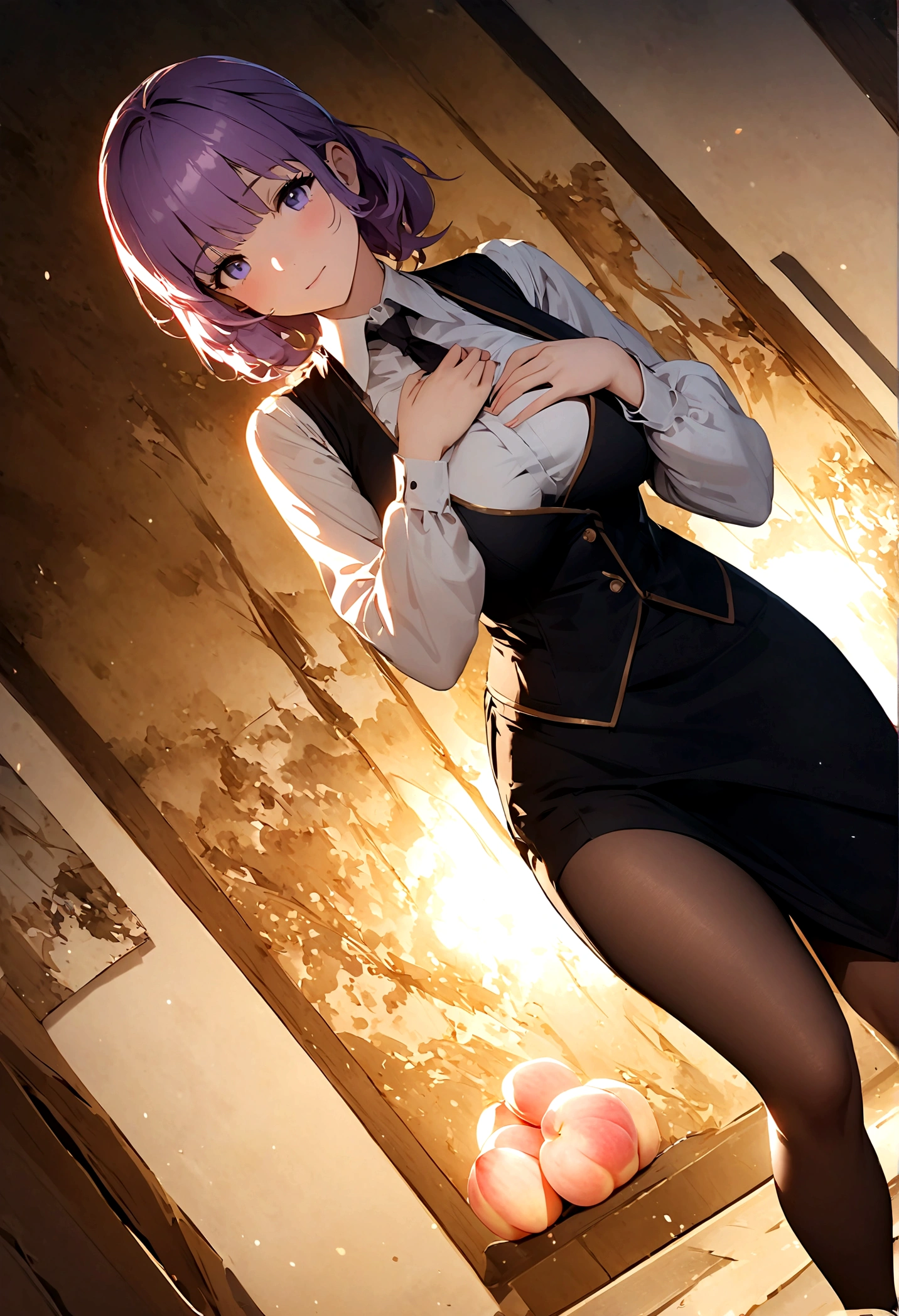 1 Girl, Solitary, Bangs, blush, Place your hands on your chest, Jill Stingley, Long sleeve, looking at the audience, Purple Hair, Superior breasts, Peach buttocks，Black Silk，tie, shirt, Crouching on the ground alone, Vest, Bartender, Vest, white shirt,8K,極為細緻的CG單元wallpaper, masterpiece,High resolution,top-quality,top-quality real texture skin,Surrealism,Improve resolution,RAW photos,Best quality,Very detailed,wallpaper,movie lighting,Ray Tracing,Golden Ratio\),Dynamic angle，Painting explodes, art station, concept art, Smooth, Clear focus,