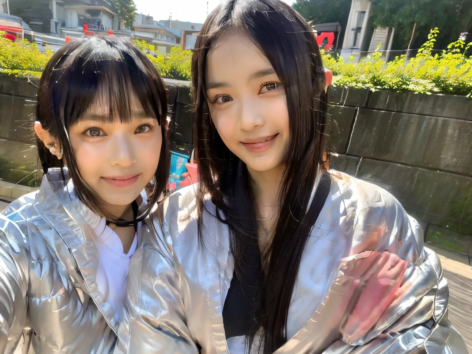 Very detailedな CG Unity 8k 壁紙, highest quality, Very detailed, masterpiece, Realistic, Realistic, Very detailedな日本のかわいい女の子, (１８Year), blush, Round eyes, Thick eyebrows chest, Semi Body Shot,  High-resolution RAW color photos, Professional photos, Portrait of sexy girl、Anatomically correct body shape、Healthy body shape、Brown short hair、smile、Micro Bikini、Beach volleyball player、Write your hair、Front view、Wearing a jersey jacket、Show your side、Wet Skin、Wet Hair、Avoid the same pose、Twin girls、Selfie for 2 people