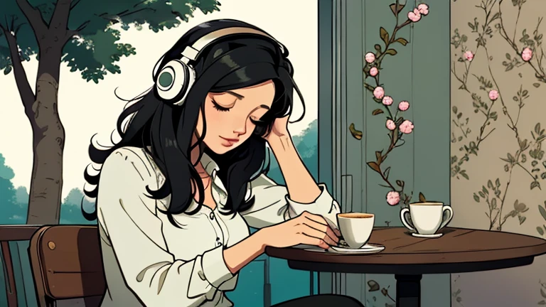 Beautiful woman in her 30s with black hair is sitting with headphones on the cafe terrace. Looking down, eyes closed, LOFI girl, alone in the room, blouse, cozy wallpaper, relaxing mood, cozy, only five fingers, Beautiful trees,