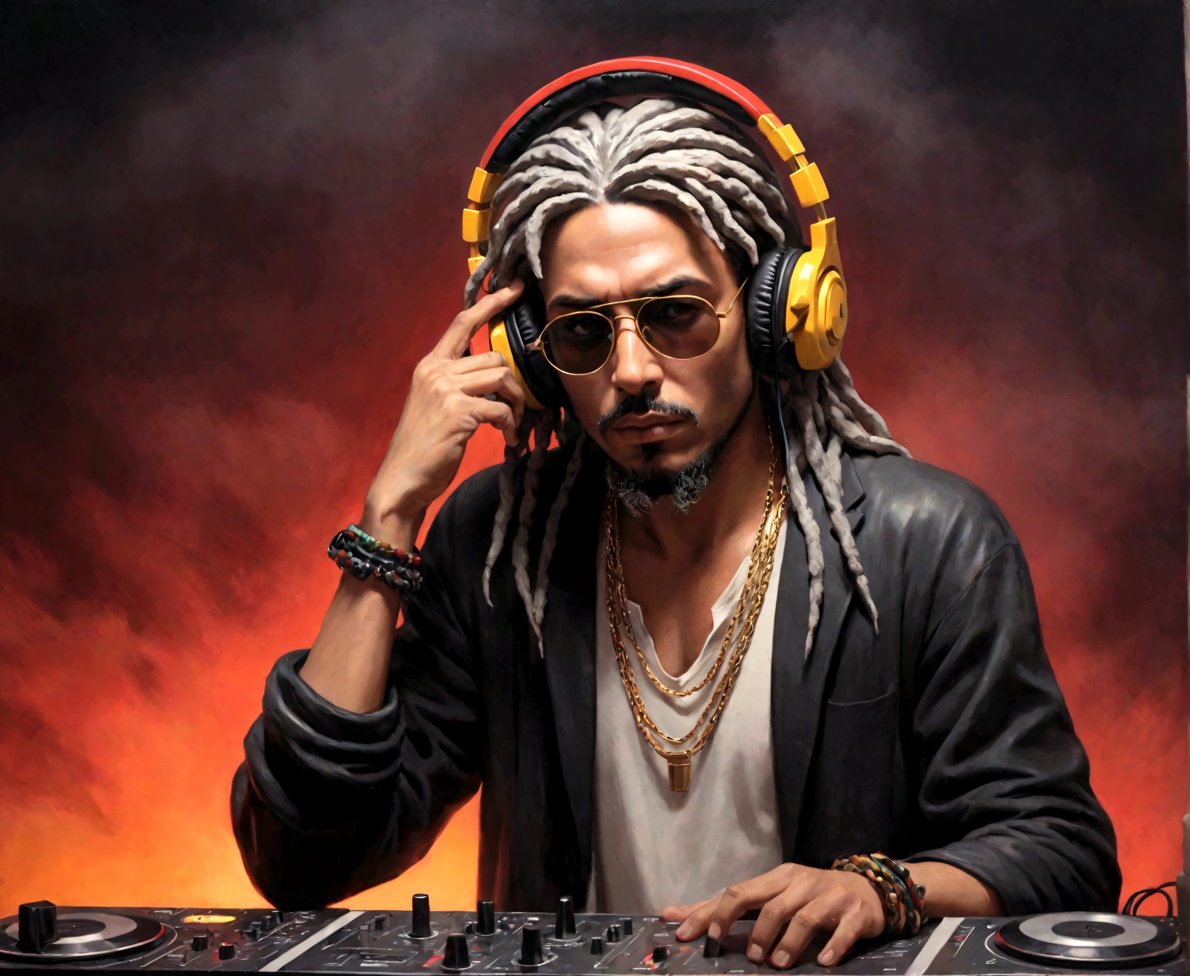 A stoic Greek man made of gray stone with one hand adjusting the headphones and the other on the soundboard.. A toned body with DJ, a thick fog all around, a red beam in the sky illuminates the fog. In the background there are black mystical mountains, bright colors, high contrast of tones, dark atmosphere, seen from above. The figure must be in a dynamic pose, with one hand adjusting the headphones and the other on the soundboard🎚️. The sculpture must have the following characteristics: Headphones, Large and modern, detailed carved in marble. Gold Chain: A robust and well-detailed chain hanging from the neck.Transparent Glasses: Glasses with a translucent appearance, sculpted to look like glass.Rasta Hair: Dreadlocks falling forward, partially covering the face, but without hiding important details.4k image 8k beautiful and very detailed high quality full shot
