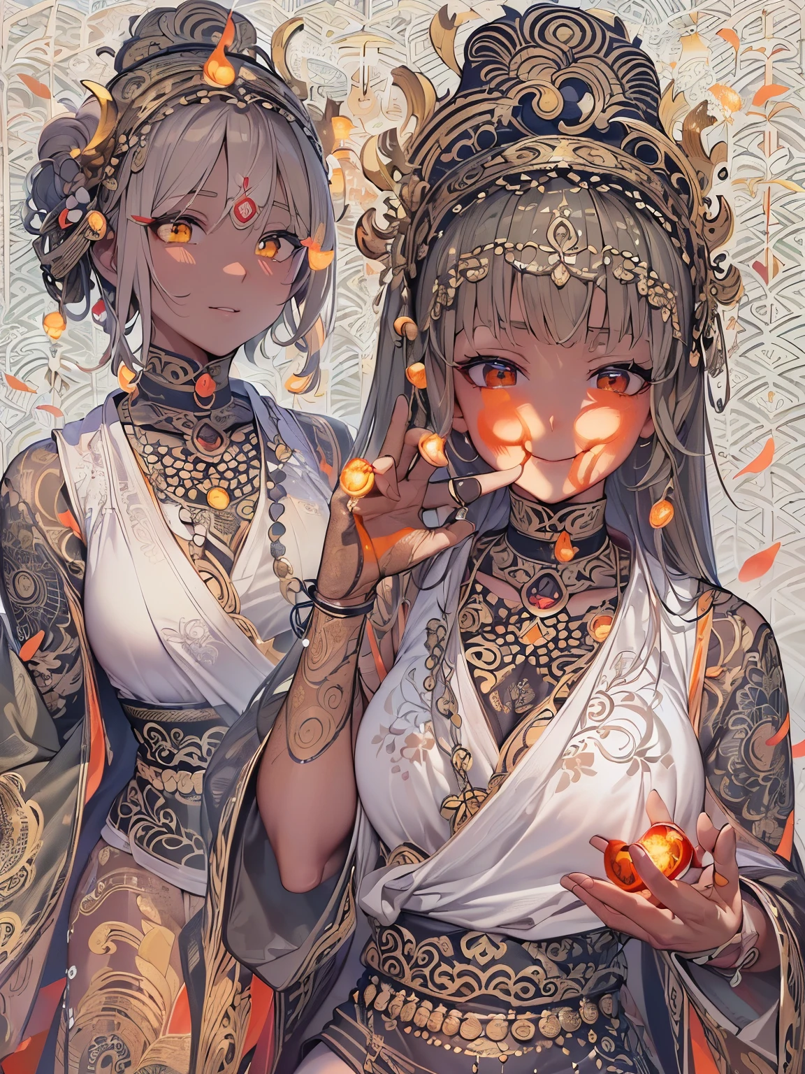 ((highest quality)),(Ultra-high resolution),(Very detailed),(Detailed Description),((The best CG)),(A masterpiece),Ultra-detailed art,Amazing drawing art,(Art with precise details:1.5), (1 adult female:1.6),(Beautiful and well-proportioned face:1.5),A confident smile:1.6, ((Playing with fireballs:1.6))