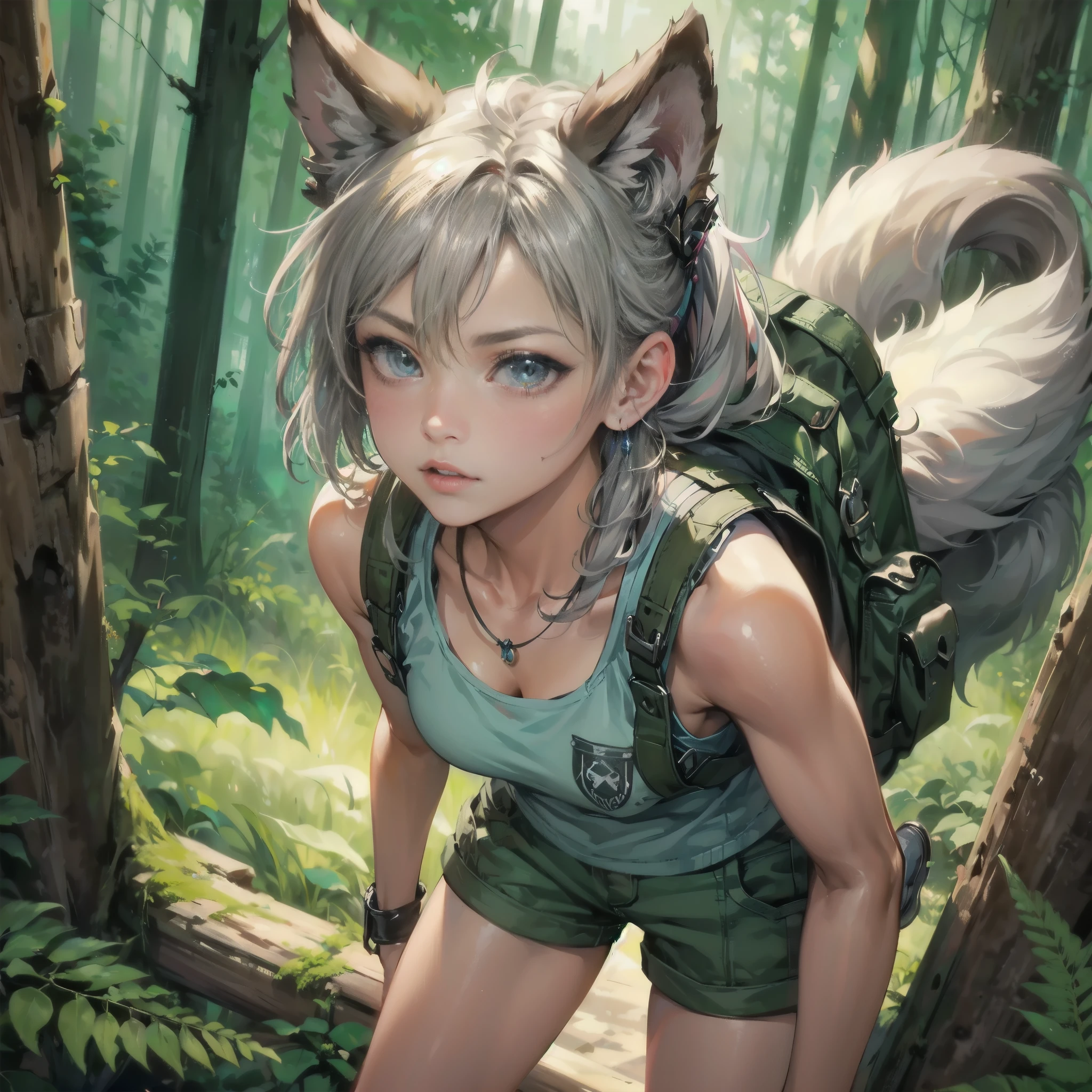 A fantasy Wasteland battles hand-in-hand through a wasteland full of pitfalls. The camera zooms in on the girl, capturing her determination. The cool girl, with wolf ears,wolf tail, wears thin leather armor and dark cloak. As the zoom progresses, the focus shifts to her hands, highlighting the worn and weathered textures that symbolize her journey and the hardships she has endured. This message is realized in a mixed-media sculptural style, combining elements of metalwork and textile art to represent the characters and their resilience in three-dimensional form.