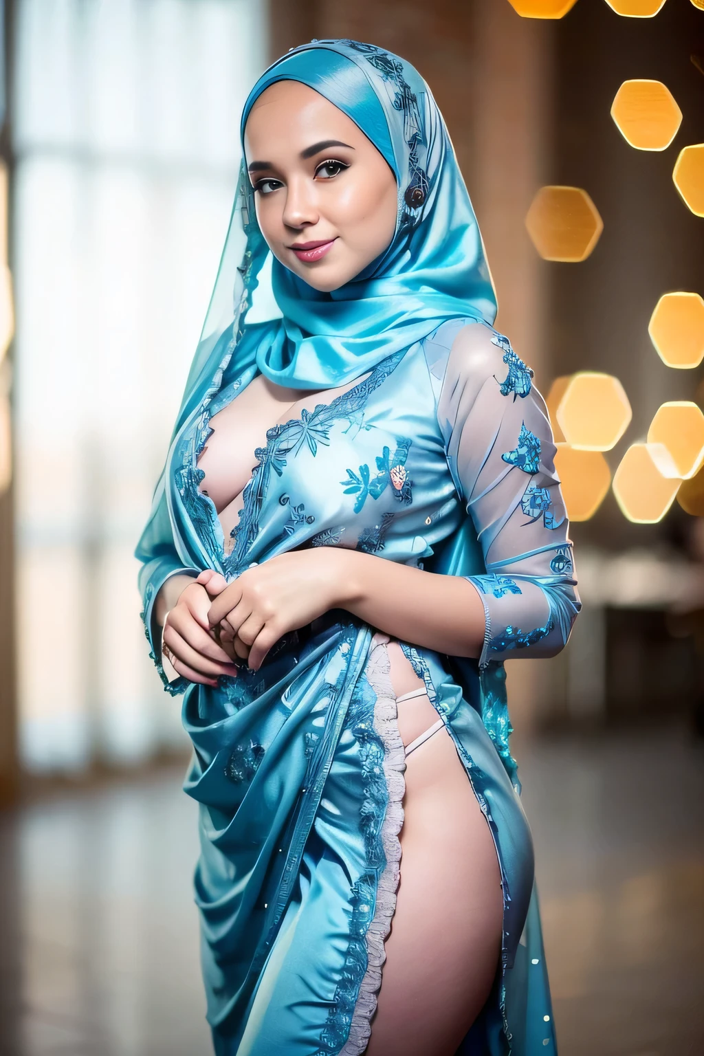 Beautiful, cute baby Face, Russian muslim girl, (wearing blue hijab), full hijab, sexy long sleeves kebaya transparant dress, slightly Chubby , White Skin, Smiling, porn studio Background, day light,mid shot, full body, Perfect Potrait, Bokeh Effect, Look at Viewer, large breast, ((adorable:1.5)), ((masterpiece:1.1)), dark hairy pussy, ((bokeh:1.2)), buttocks,(naughty seductive poses)