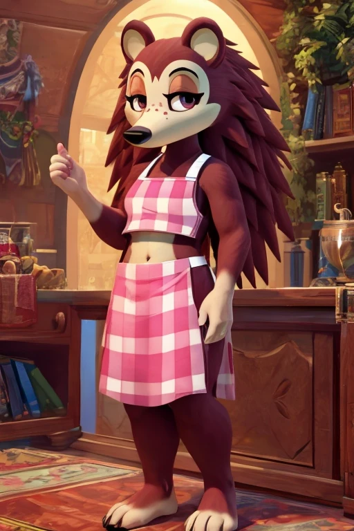 a digital artwork of a barefoot sable wearing a crop top of her pink apron with a bare midriff and a bare navel, trending on artstation, 4k, anthro style, furry, she is also wearing a pink tutu