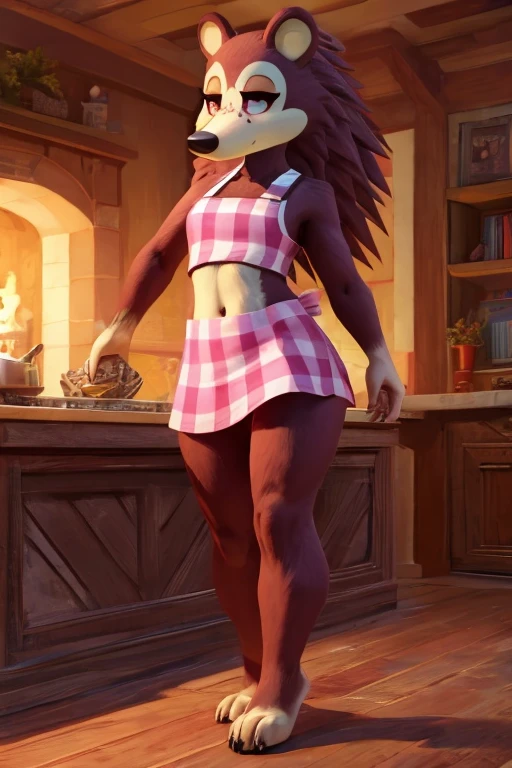 a digital artwork of a barefoot sable wearing a crop top of her pink apron with a bare midriff and a bare navel, trending on artstation, 4k, anthro style, furry, she is also wearing a pink tutu