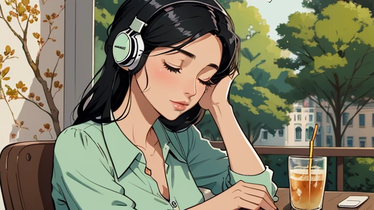 Beautiful woman in her 30s with black hair is sitting with headphones on the cafe terrace. Looking down, eyes closed, LOFI girl, alone in the room, blouse, cozy wallpaper, relaxing mood, cozy, only five fingers, Beautiful trees,