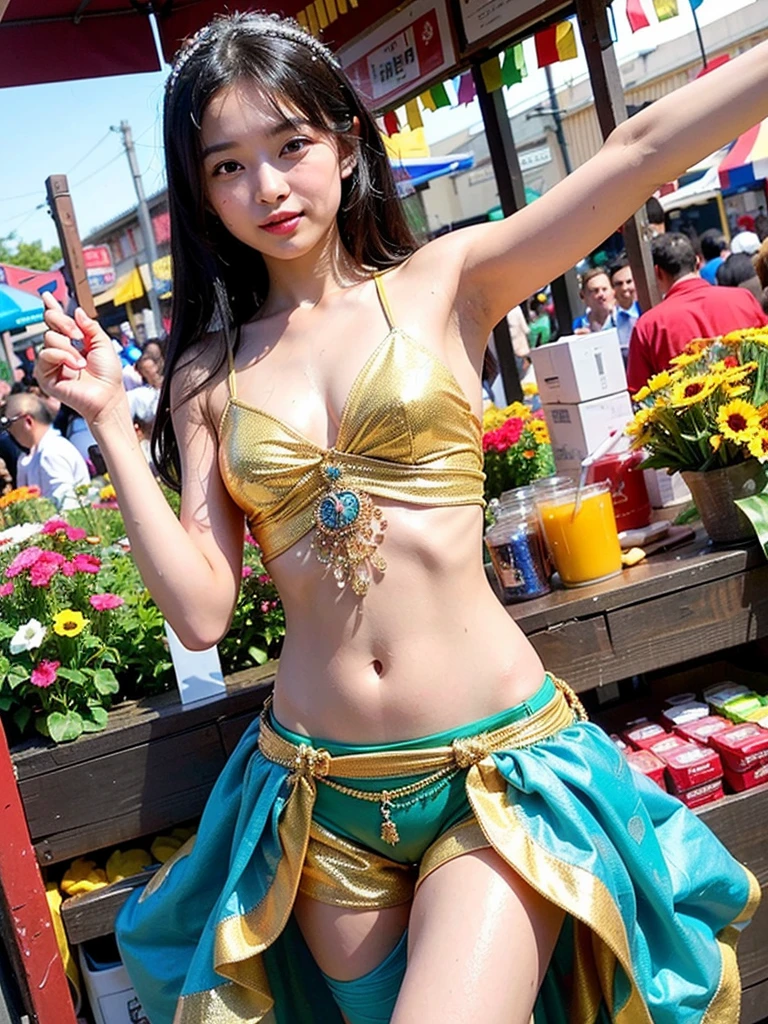 (best quality:1.2), masterpiece, Realistic, Ultra-high resolution, ((a beautiful Japanese idol woman:1.2)), (Gaunt:1.3), (((Very flat chest:1.4))), ((Baby Face)), (show me your armpit:1.2), (sweaty armpit), ((Armpits are wet and shiny with sweat)), She has skin that sweats easily Soaking wet, Sweaty, I can see my pores, (topless:1.2), (wearing samba costumes:1.2), (dancing parade:1.3), (energetic music:1.2), (confetti-filled streets, lively atmosphere:1.2), (decorative floats:1.1), (bustling market stalls:1.2), (delicious street food:1.1)