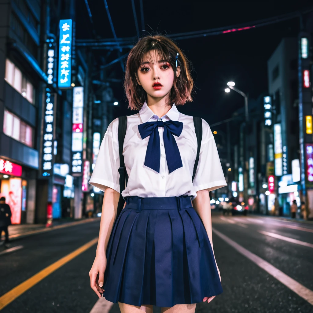 (8k, RAW photo, masterpiece:1.3), (realistic, photo-realistic:1.37), (night), (looking at viewer:1.331), (bloody hair), posing, Tokyo street, nightcityscape, cyberpunk city, soft light, 1girl, extremely beautiful face, bust, put down hands, Random hairstyle, Random expression, big eyes, lower abdomen, (short-sleeved .JK_shirt), JK_style, (dark blue short JK_skirt), (bow JK_tie), mix4., best quality