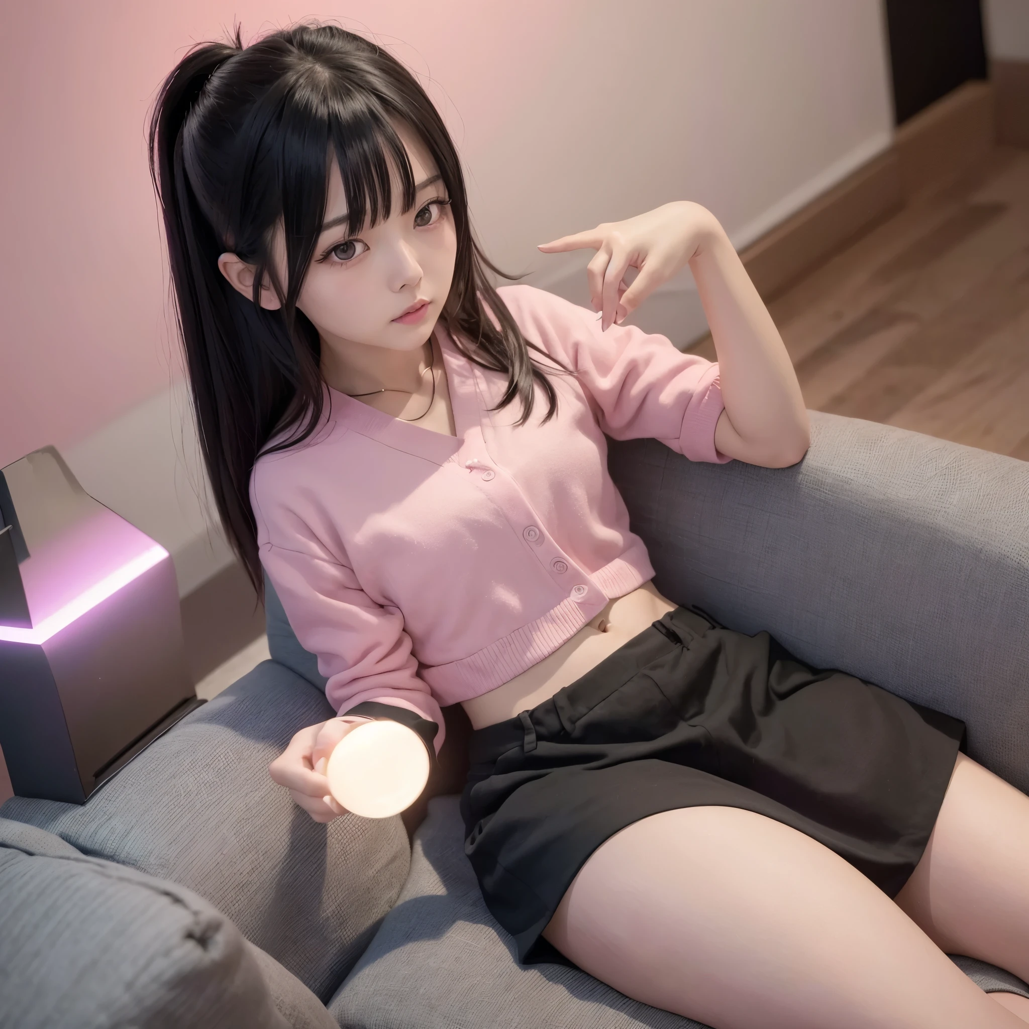 Girl wearing a knitted sweater on her body in the living room at home,
Ridiculous resolution, Ultra-detailed, Best Quality, Cute illustration, Seductive smile,Colorful panties、s ass、slovenly、nighttime scene、