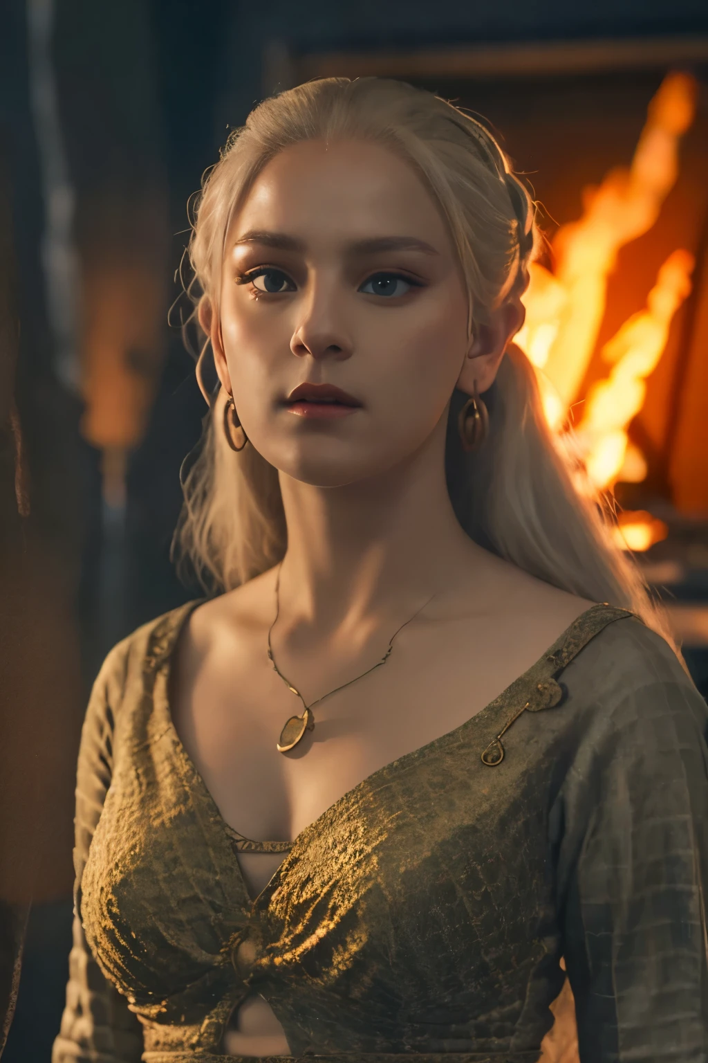 (((Cinematic epic poster))) of Helaena Targaryen , Gothic style, (((detailed face))), (a detailed RAW photo of a ), (master part:1.0), (best quality:1.4), (Ultra Highres:1.2), (photorealistic:1.4), 8K resolution, Canon EOS R5, 50 millimeters, Absurd, Ultra Detailed, sharp focus, Cinematic lighting, detailed face, (ULZZANG-6500-V1.1), detailed skin texture, pale skin, chest round, (pale :0.5), Cinematic lighting. (((Abstract vision of flame background, cinematic lighting )))