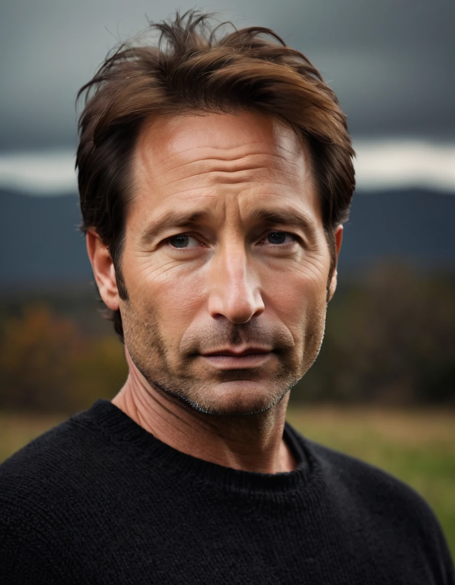 professional photo, closeup portrait photo of 30 yo caucasian [man:David Duchovny:0.1], wearing a black sweater, serious face, dramatic lighting, nature, gloomy, cloudy weather, bokeh