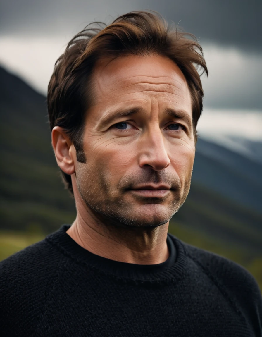 professional photo, closeup portrait photo of 30 yo caucasian [man:David Duchovny:0.1], wearing a black sweater, serious face, dramatic lighting, nature, gloomy, cloudy weather, bokeh