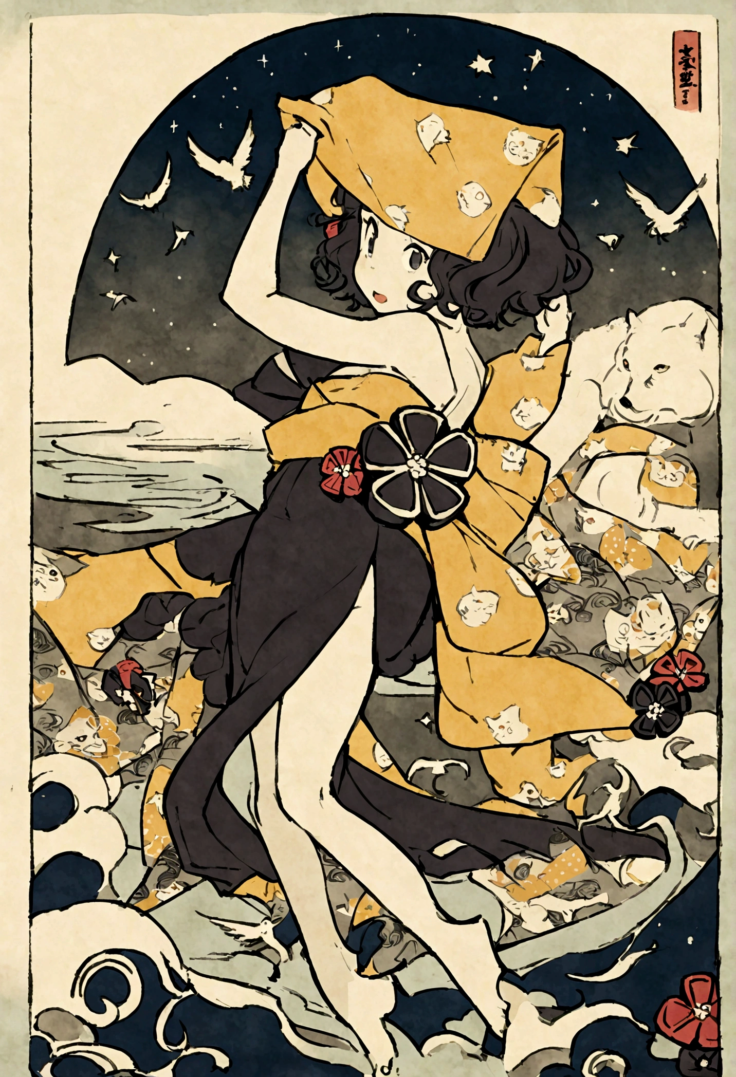 Anthropomorphic cat, dancing with towel over head, Katsushika Hokusai, Utagawa Kuniyoshi, Birds and beasts caricature, delicate and detailed, Ukiyoe style, girl