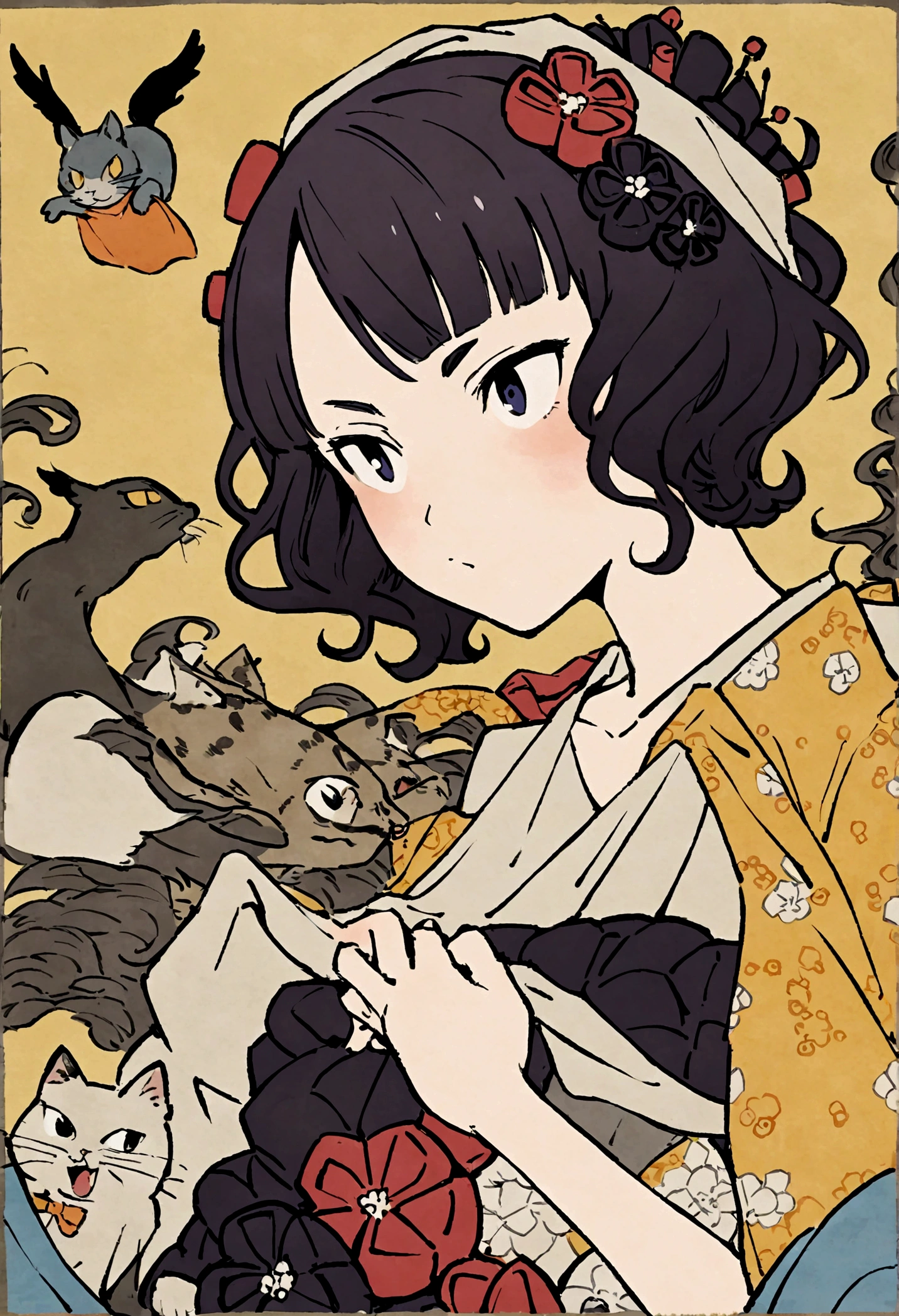 Anthropomorphic cat, dancing with towel over head, Katsushika Hokusai, Utagawa Kuniyoshi, Birds and beasts caricature, delicate and detailed, Ukiyoe style, girl