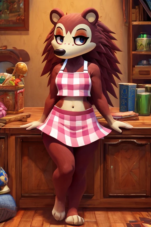 a digital artwork of a barefoot sable wearing a crop top of her pink apron with pink tutu, a bare midriff and a bare navel, trending on artstation, 4k, anthro style, furry, 