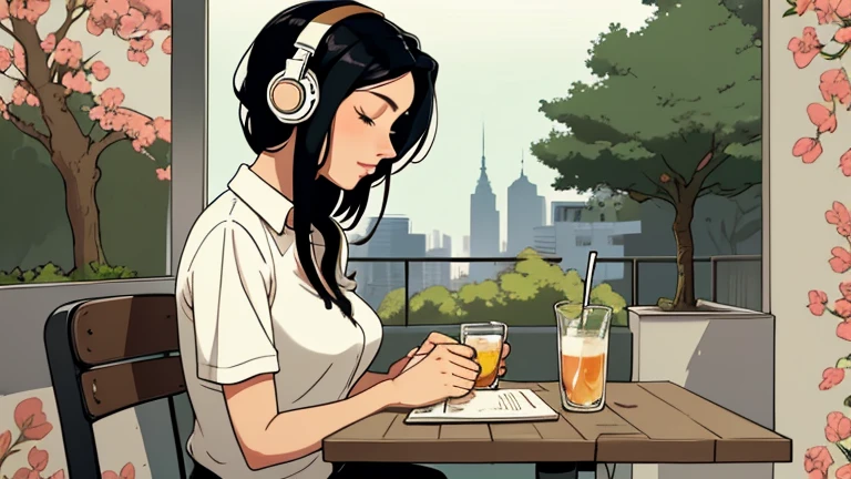 Beautiful woman in her 30s with black hair is sitting with headphones on the cafe terrace. Looking down, eyes closed, LOFI girl, alone in the room, blouse, cozy wallpaper, relaxing mood, cozy, only five fingers, Beautiful trees,