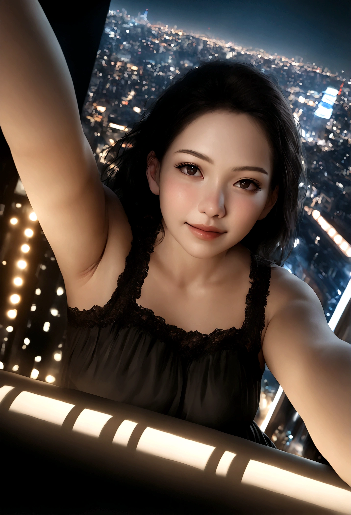 (RAW Photos, 最high quality), (Realistic, photoRealistic: 1.2), (Round face: 1), 1 girl, Outdoor selfie, (Skin with attention to detail: 1.2), (Puffy eyes), (Lying Silkworm), smile, clavicle,, Straight brown black hair, Pure black pleated skirt, Soft lighting, high quality, Cityscape, Skyline, Professional Lighting, Photon Mapping, Radio City, Physically Based Rendering,